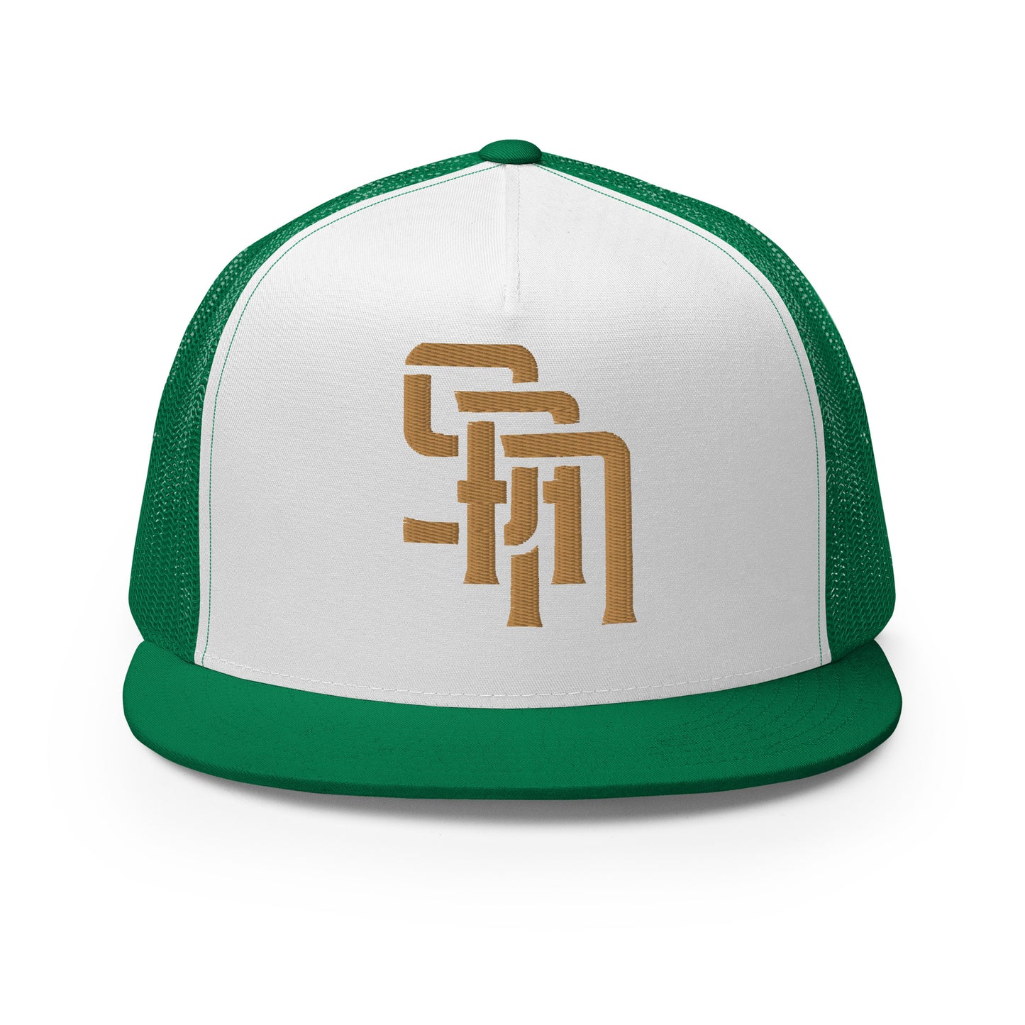 "SAN" Five Panel Trucker Cap | Yupoong 6006 | E Luna Brand CLASSIC Solocrest 1 Old Gold Thread Front Logo