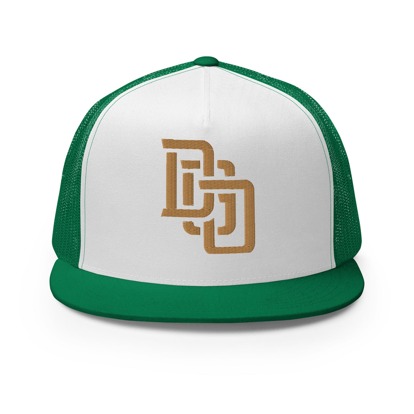 "DGO" Five Panel Trucker Cap | Yupoong 6006 | E Luna CLASSIC Solocrest 1 Old Gold Thread Logo