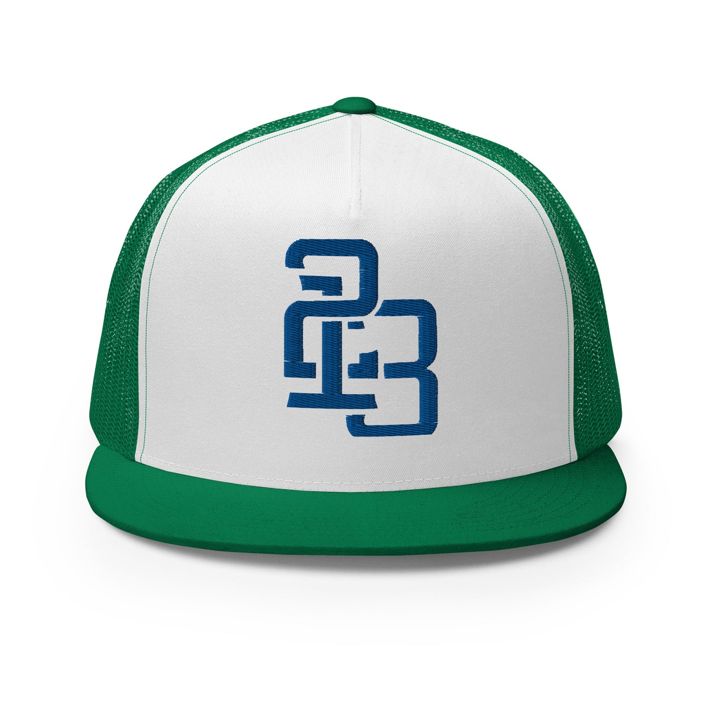 "213" Five Panel Trucker Cap | Yupoong 6006 | E Luna CLASSIC Solocrest 1 Royal Thread Front Logo