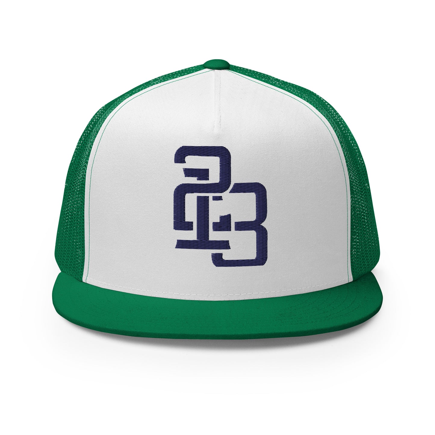"213" Five Panel Trucker Cap | Yupoong 6006 | E Luna CLASSIC Solocrest 1 Navy Thread Front Logo