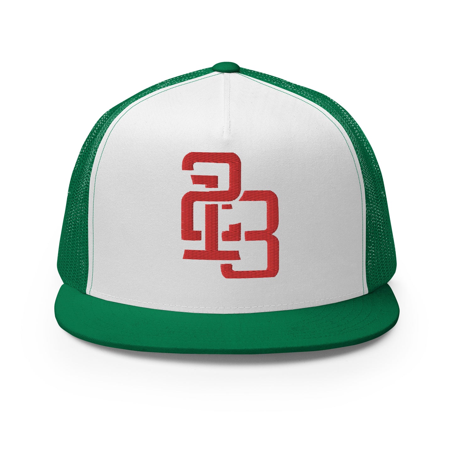 "213" Five Panel Trucker Cap | Yupoong 6006 | E Luna CLASSIC Solocrest 1 RedThread Front Logo