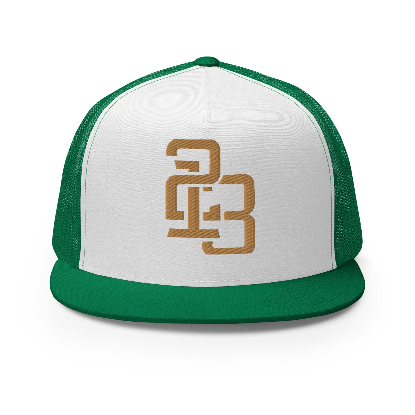 "213" Five Panel Trucker Cap | Yupoong 6006 | E Luna CLASSIC Solocrest 1 Old Gold Thread Front Logo