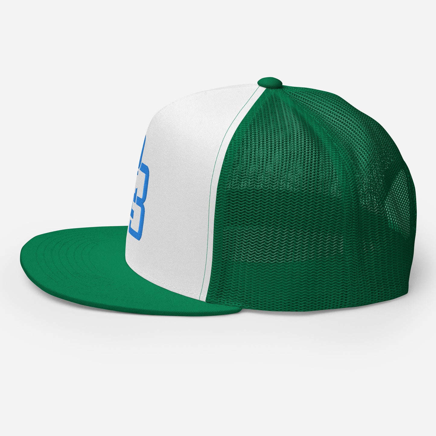 "213" Five Panel Trucker Cap | Yupoong 6006 | E Luna CLASSIC Solocrest 1 Aqua/Teal Thread Front Logo