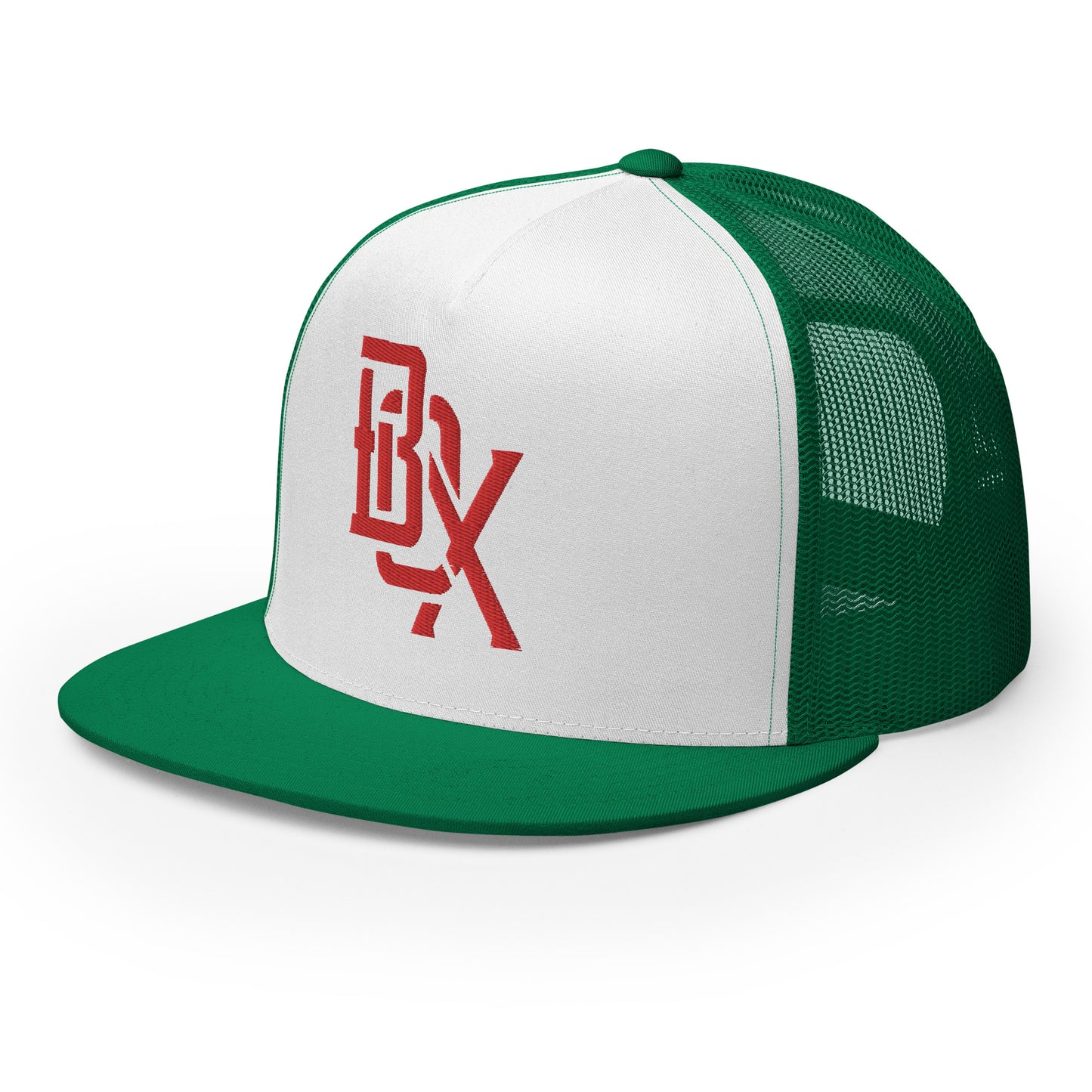 "BOX" Five Panel Trucker Cap | Yupoong 6006 | E Luna CLASSIC Solocrest 1 Red Thread Front Logo