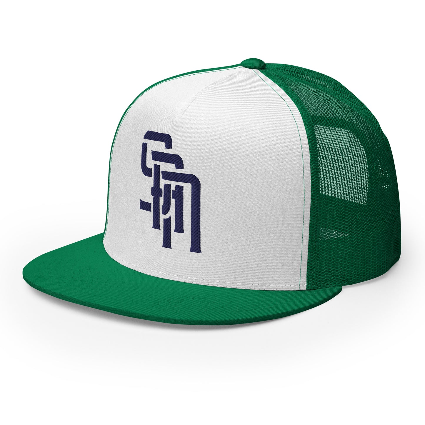 "SAN" Five Panel Trucker Cap | Yupoong 6006 | E Luna Brand CLASSIC Solocrest 1 Navy Thread Front Logo
