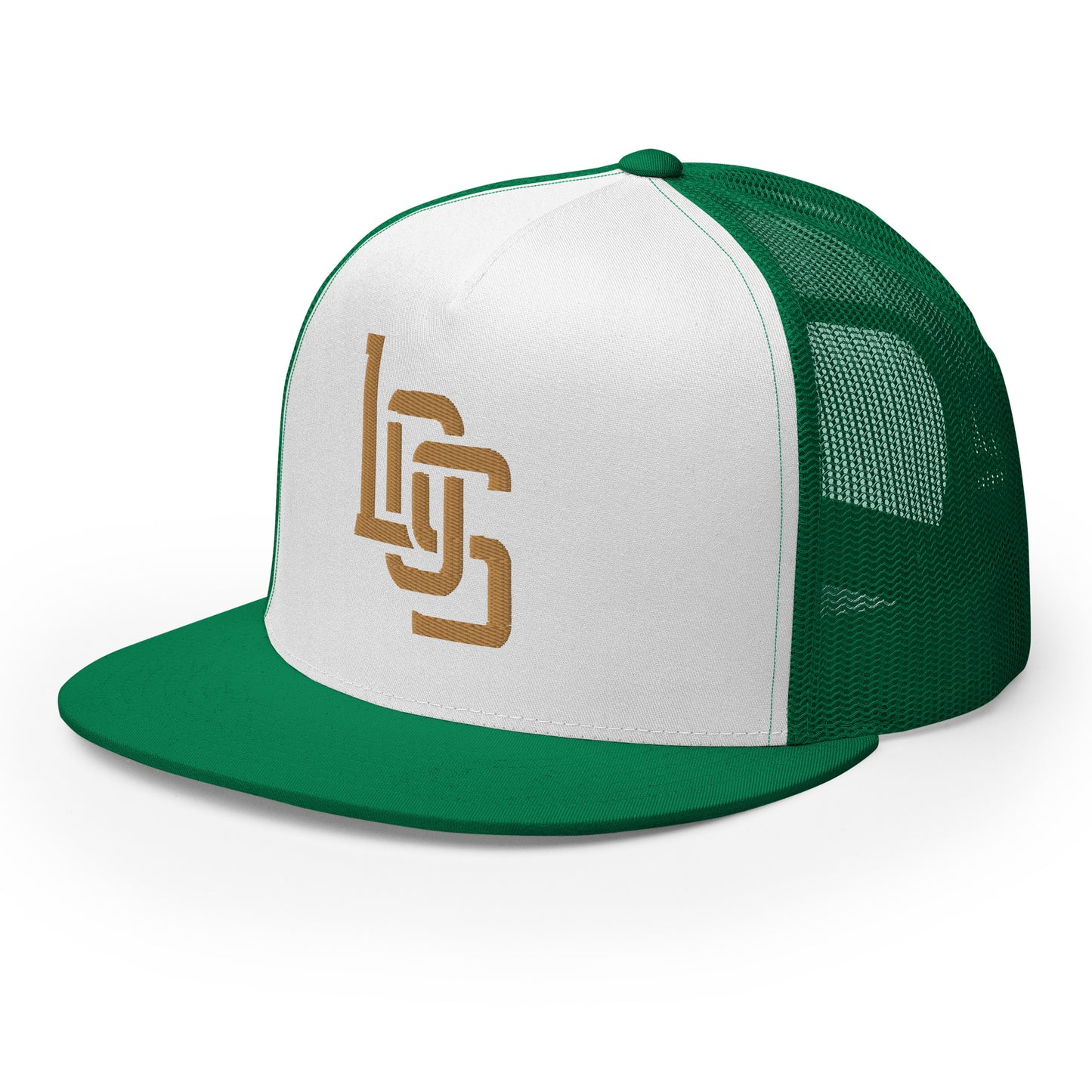 "LOS" Five Panel Trucker Cap | Yupoong 6006 | E Luna CLASSIC 1 Old Gold Thread Front Logo