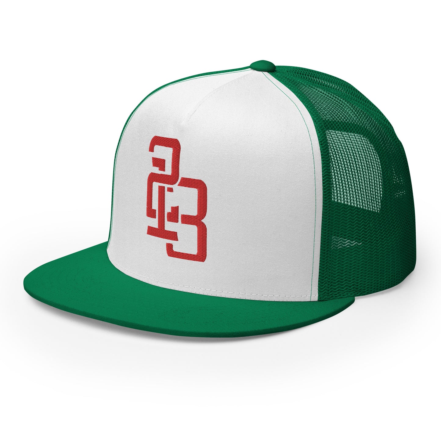 "213" Five Panel Trucker Cap | Yupoong 6006 | E Luna CLASSIC Solocrest 1 RedThread Front Logo