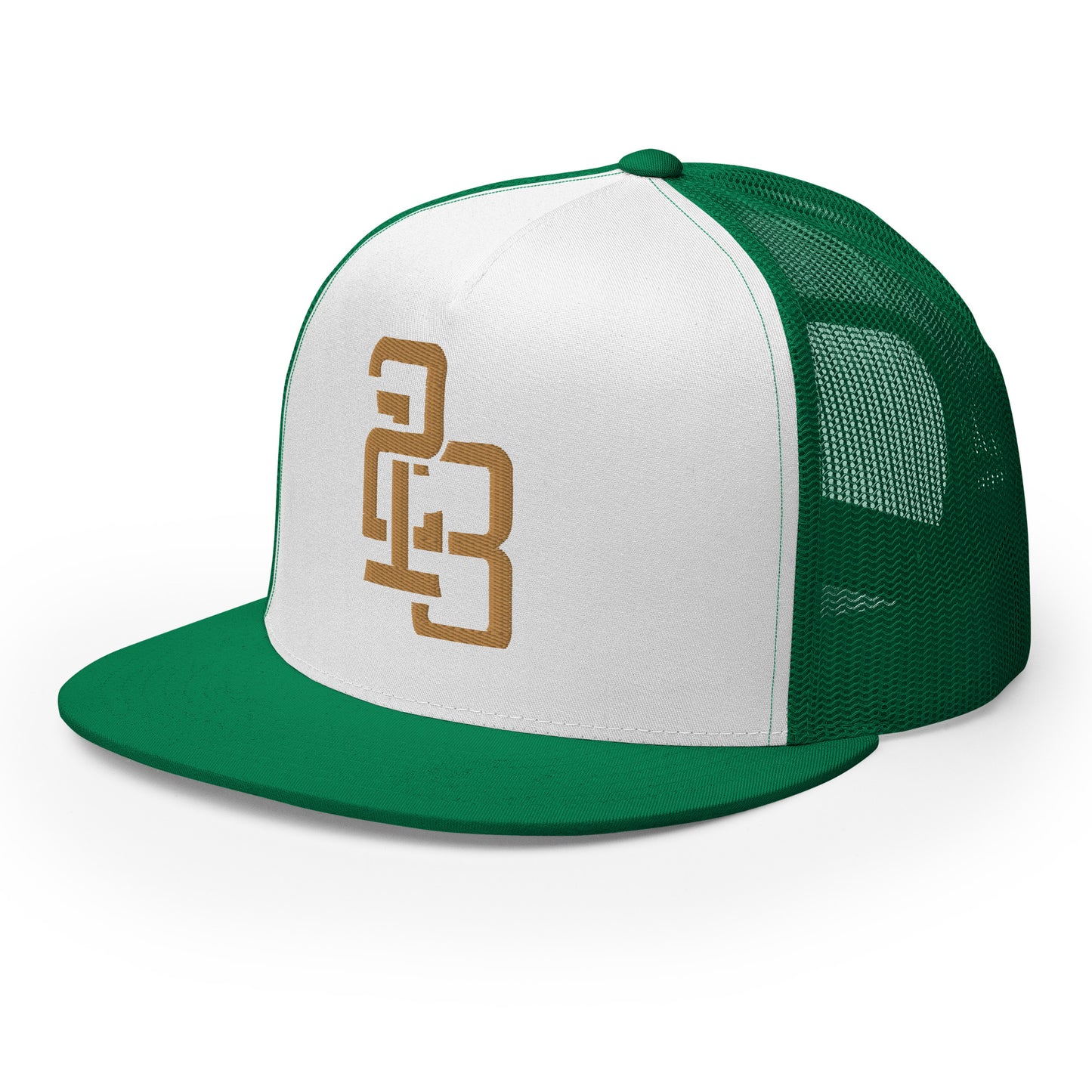 "213" Five Panel Trucker Cap | Yupoong 6006 | E Luna CLASSIC Solocrest 1 Old Gold Thread Front Logo