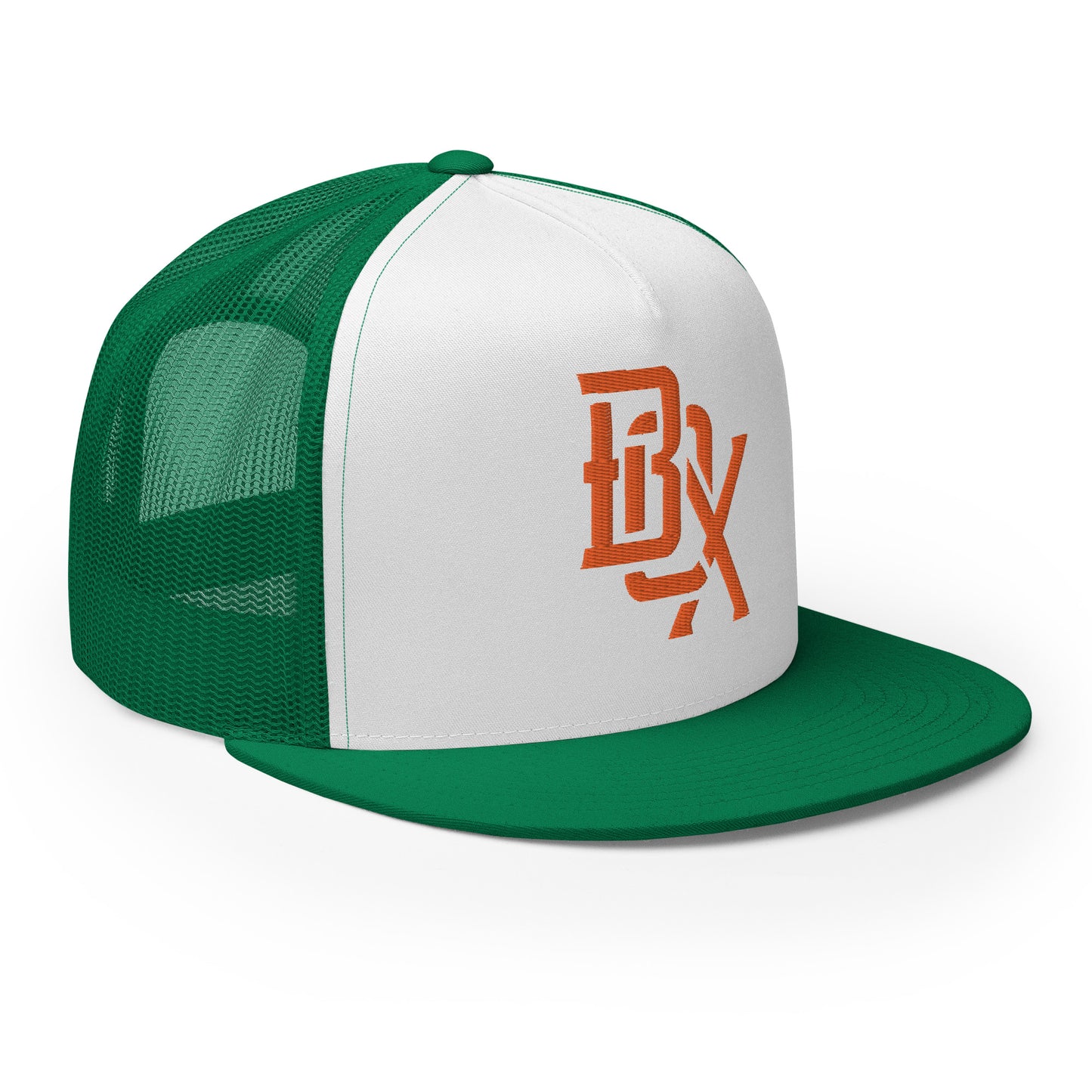 "BOX" Five Panel Trucker Cap | Yupoong 6006 | E Luna CLASSIC Solocrest 1 Orange Thread Front Logo