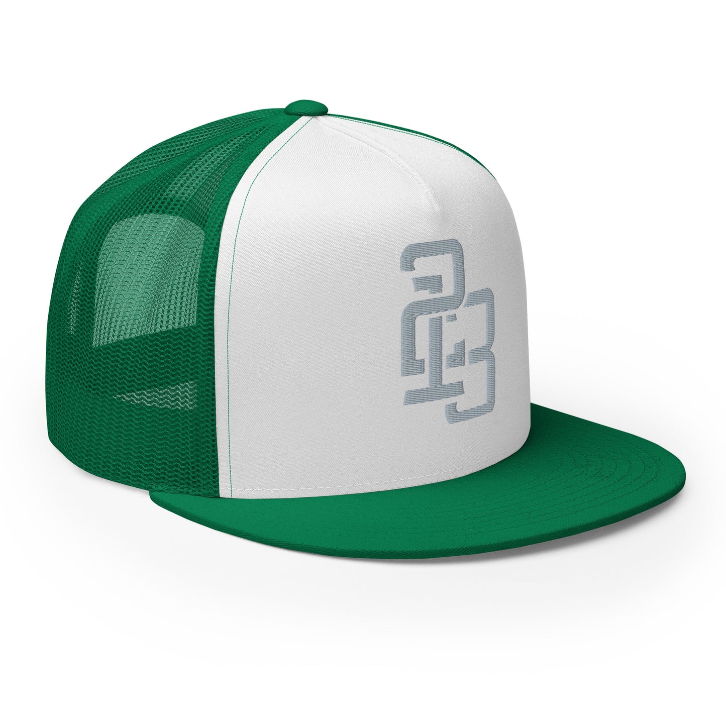 "213" Five Panel Trucker Cap | Yupoong 6006 | E Luna CLASSIC Solocrest 1 Grey Thread Front Logo