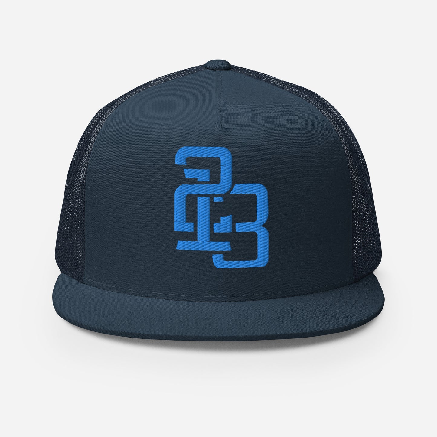 "213" Five Panel Trucker Cap | Yupoong 6006 | E Luna CLASSIC Solocrest 1 Aqua/Teal Thread Front Logo