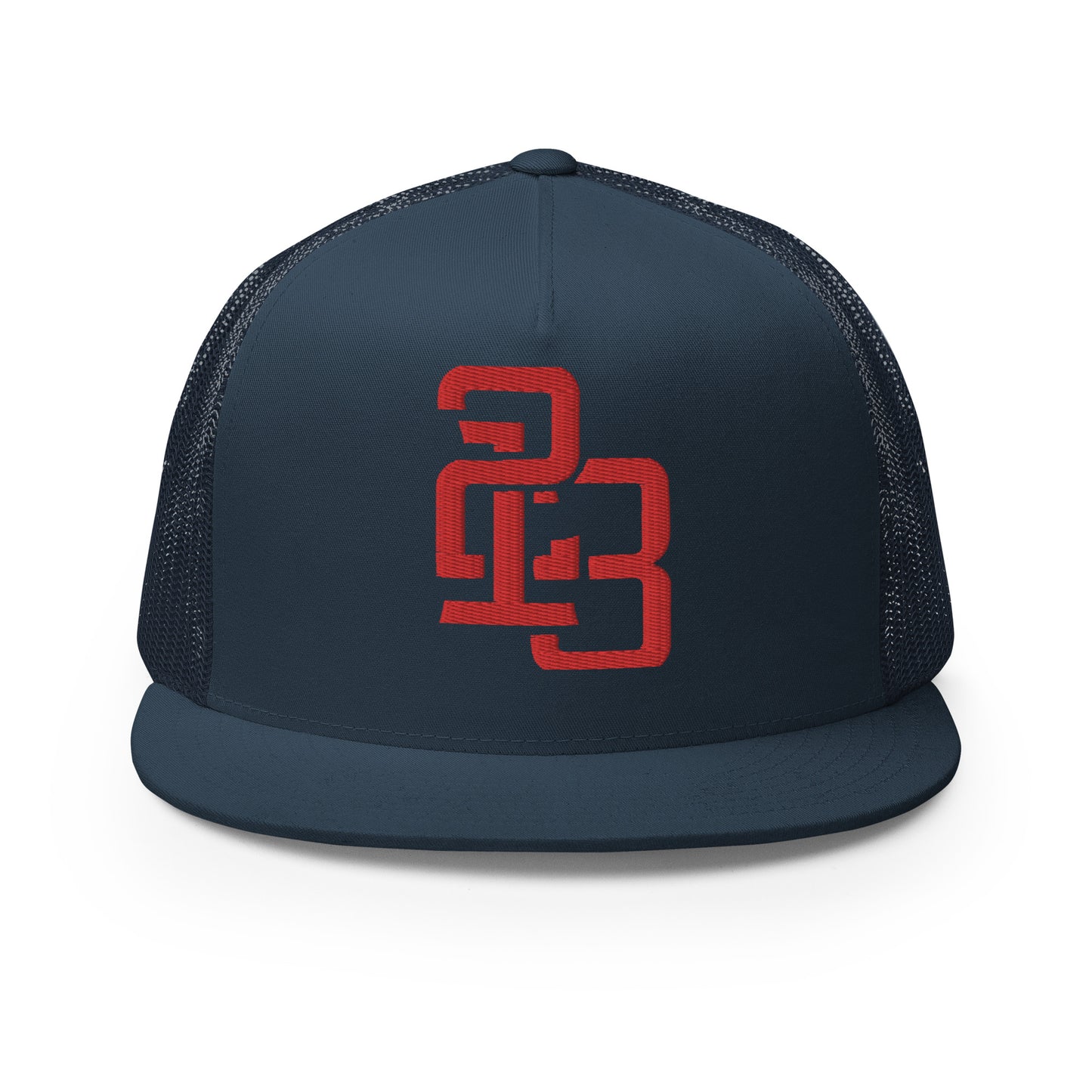 "213" Five Panel Trucker Cap | Yupoong 6006 | E Luna CLASSIC Solocrest 1 RedThread Front Logo