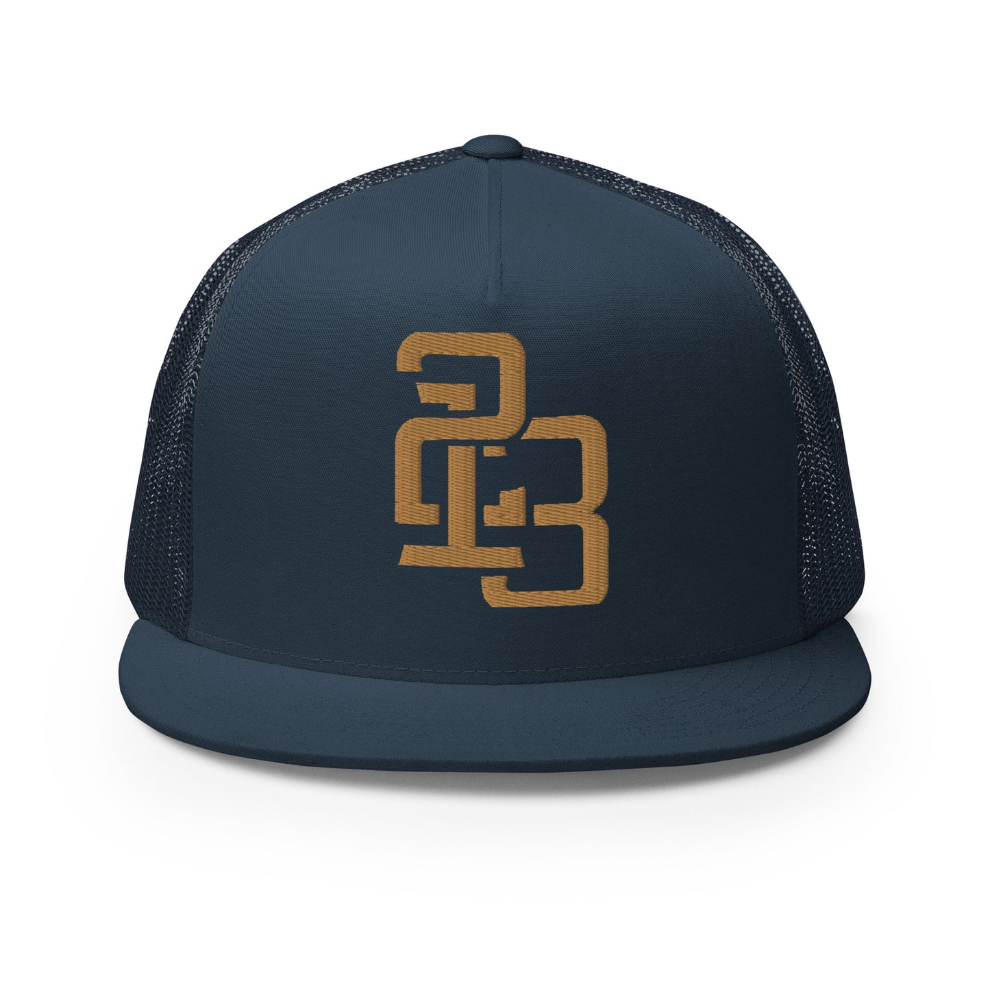 "213" Five Panel Trucker Cap | Yupoong 6006 | E Luna CLASSIC Solocrest 1 Old Gold Thread Front Logo
