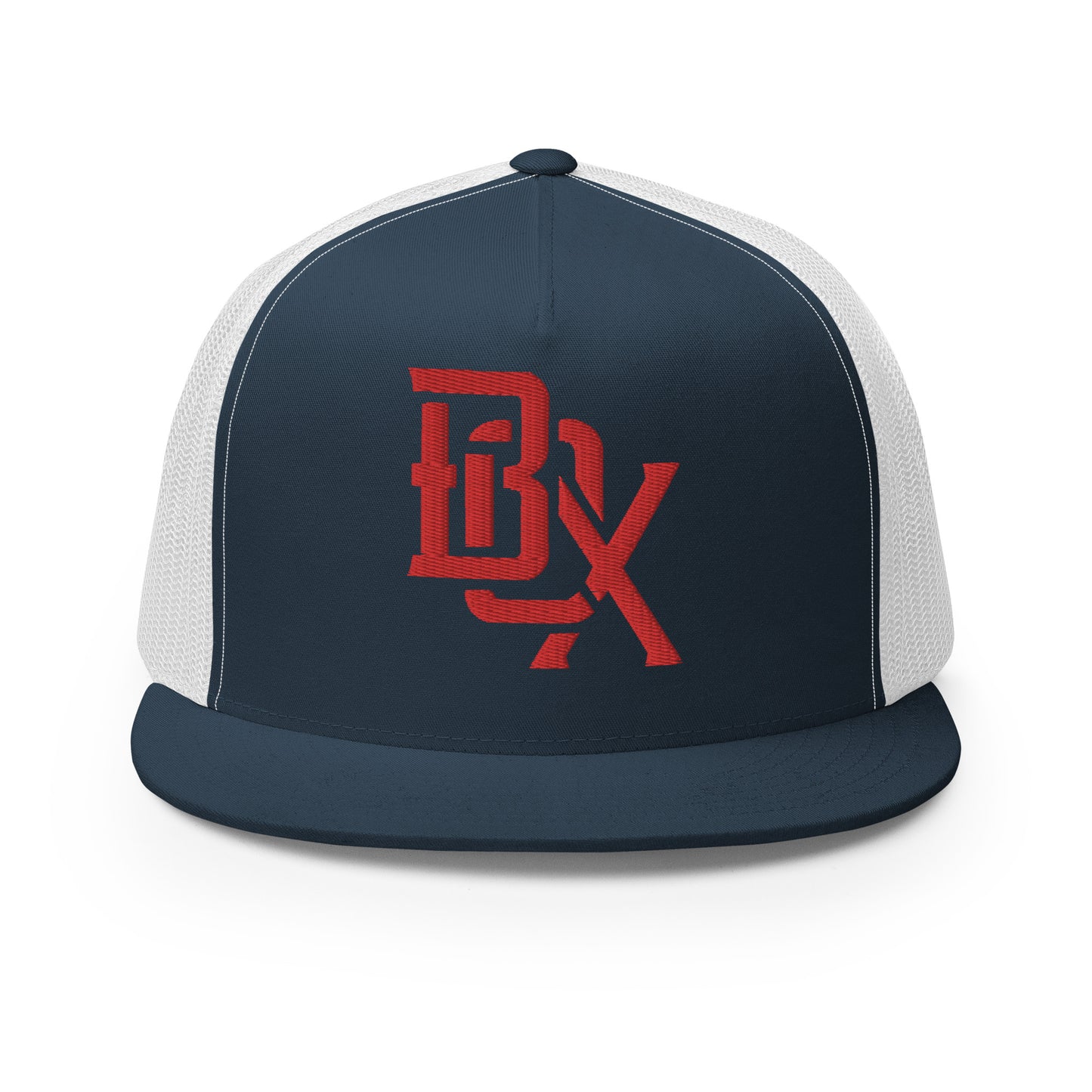 "BOX" Five Panel Trucker Cap | Yupoong 6006 | E Luna CLASSIC Solocrest 1 Red Thread Front Logo