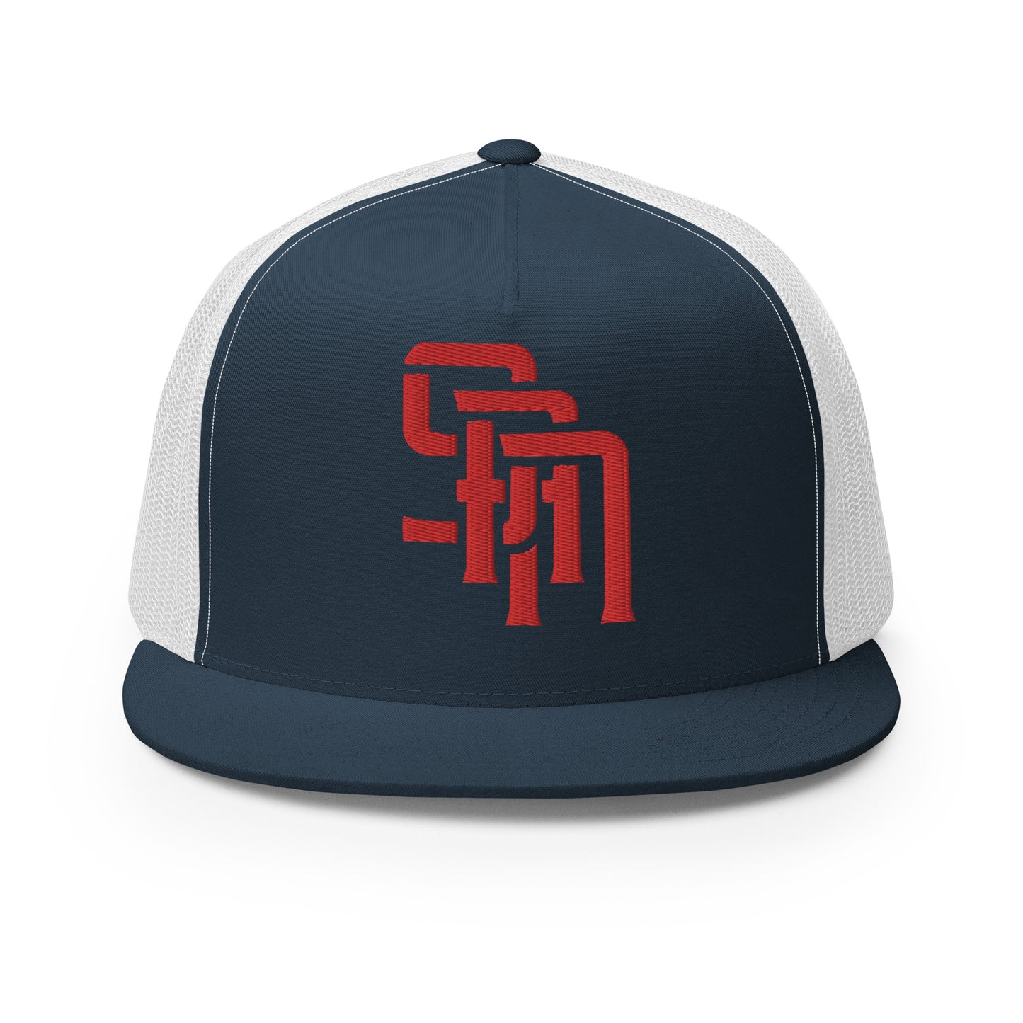 "SAN" Five Panel Trucker Cap | Yupoong 6006 | E Luna Brand CLASSIC Solocrest 1 Red Thread Front Logo