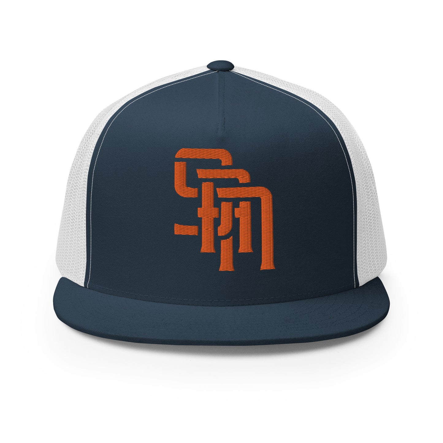 "SAN" Five Panel Trucker Cap | Yupoong 6006 | E Luna Brand CLASSIC Solocrest 1 Orange Thread Front Logo