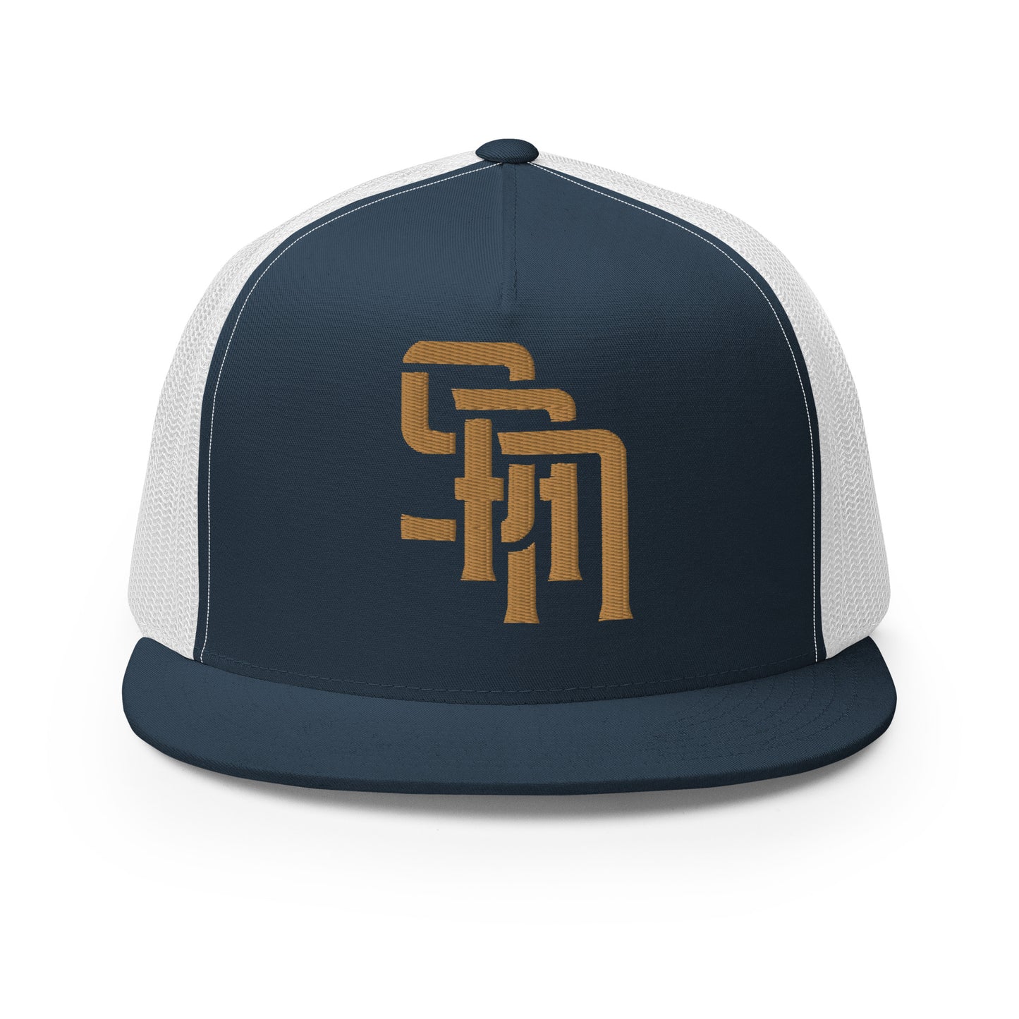 "SAN" Five Panel Trucker Cap | Yupoong 6006 | E Luna Brand CLASSIC Solocrest 1 Old Gold Thread Front Logo