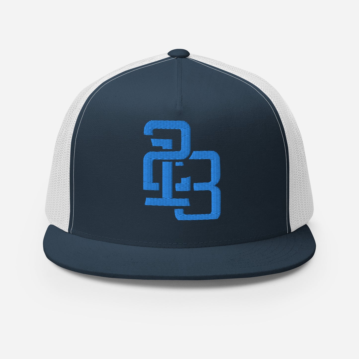 "213" Five Panel Trucker Cap | Yupoong 6006 | E Luna CLASSIC Solocrest 1 Aqua/Teal Thread Front Logo