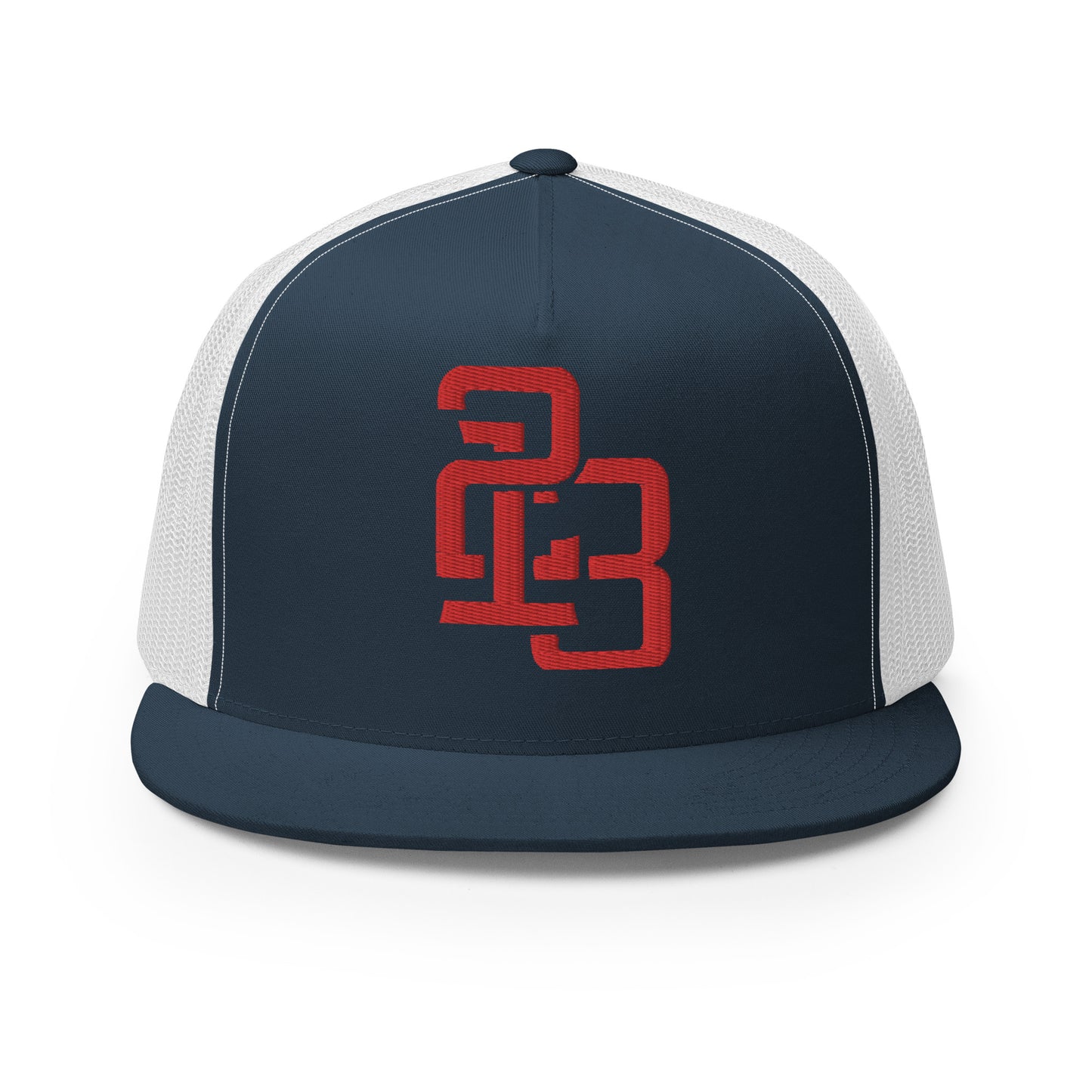 "213" Five Panel Trucker Cap | Yupoong 6006 | E Luna CLASSIC Solocrest 1 RedThread Front Logo