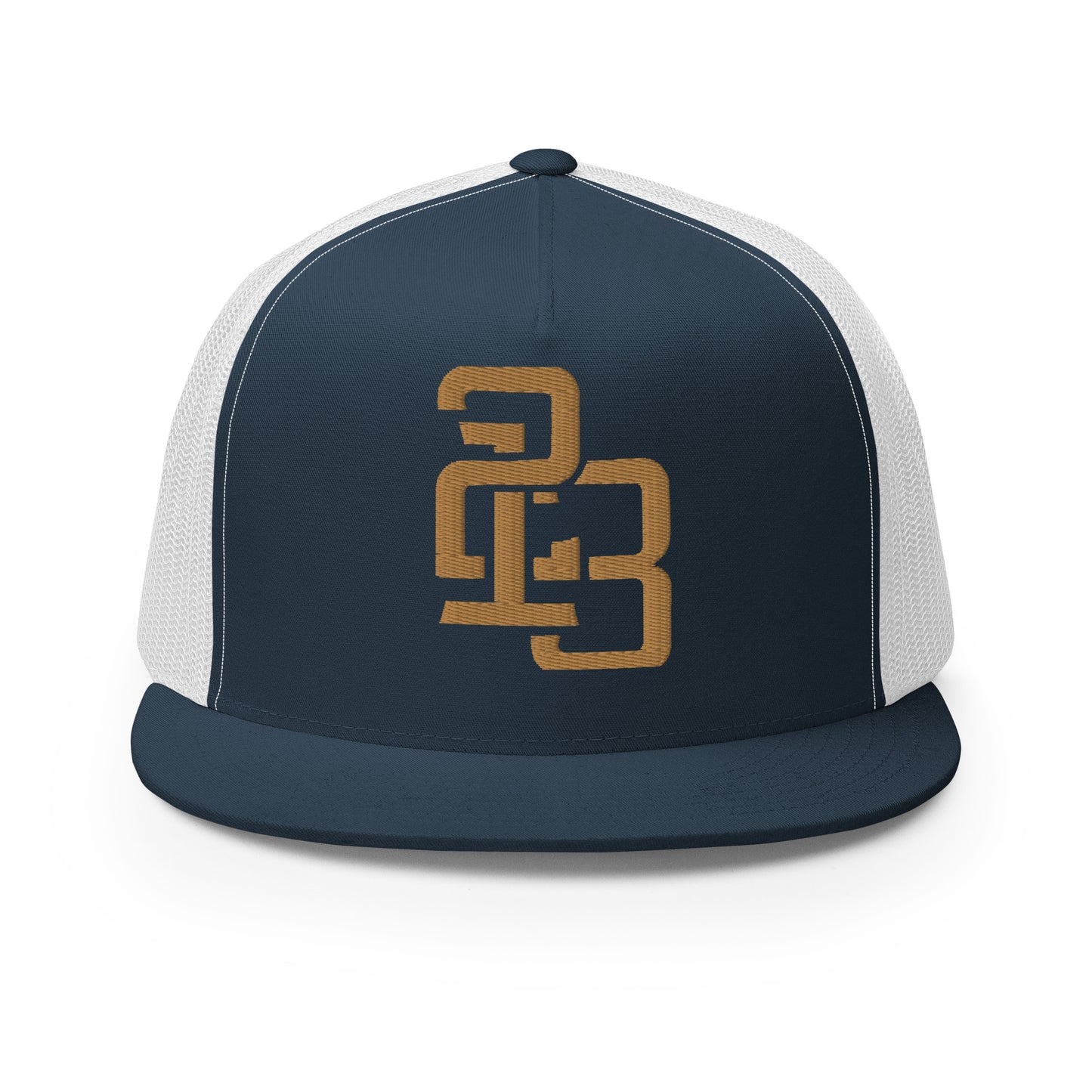 "213" Five Panel Trucker Cap | Yupoong 6006 | E Luna CLASSIC Solocrest 1 Old Gold Thread Front Logo