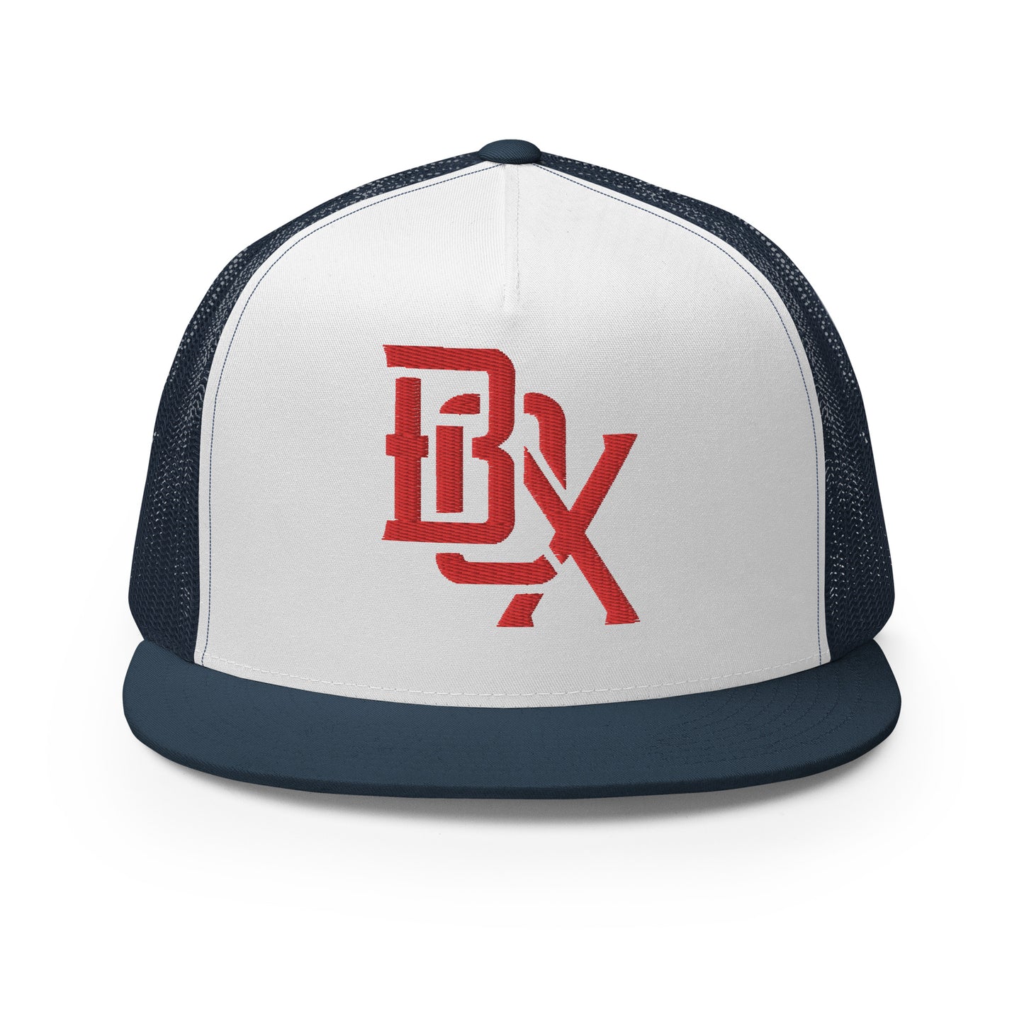 "BOX" Five Panel Trucker Cap | Yupoong 6006 | E Luna CLASSIC Solocrest 1 Red Thread Front Logo