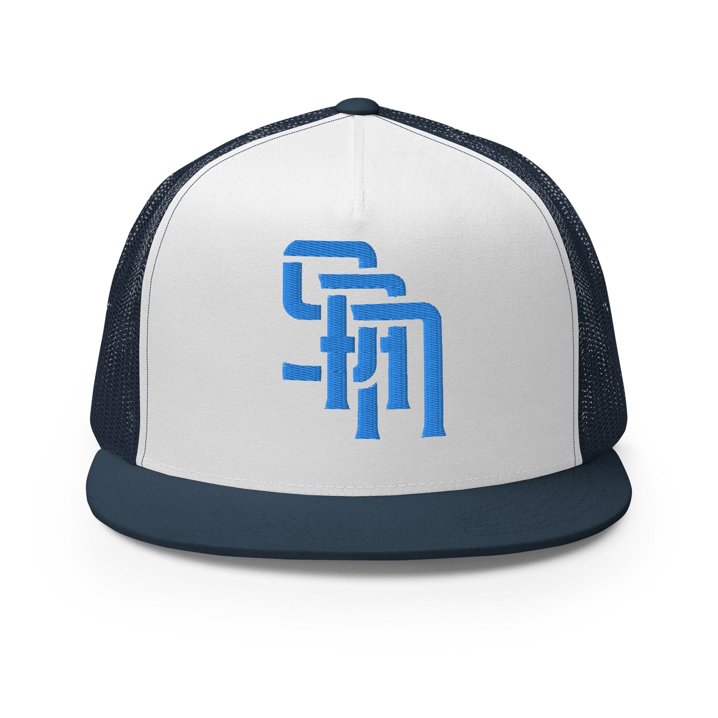 "SAN" Five Panel Trucker Cap | Yupoong 6006 | E Luna Brand CLASSIC Solocrest 1 Aqua/Teal Thread Front Logo