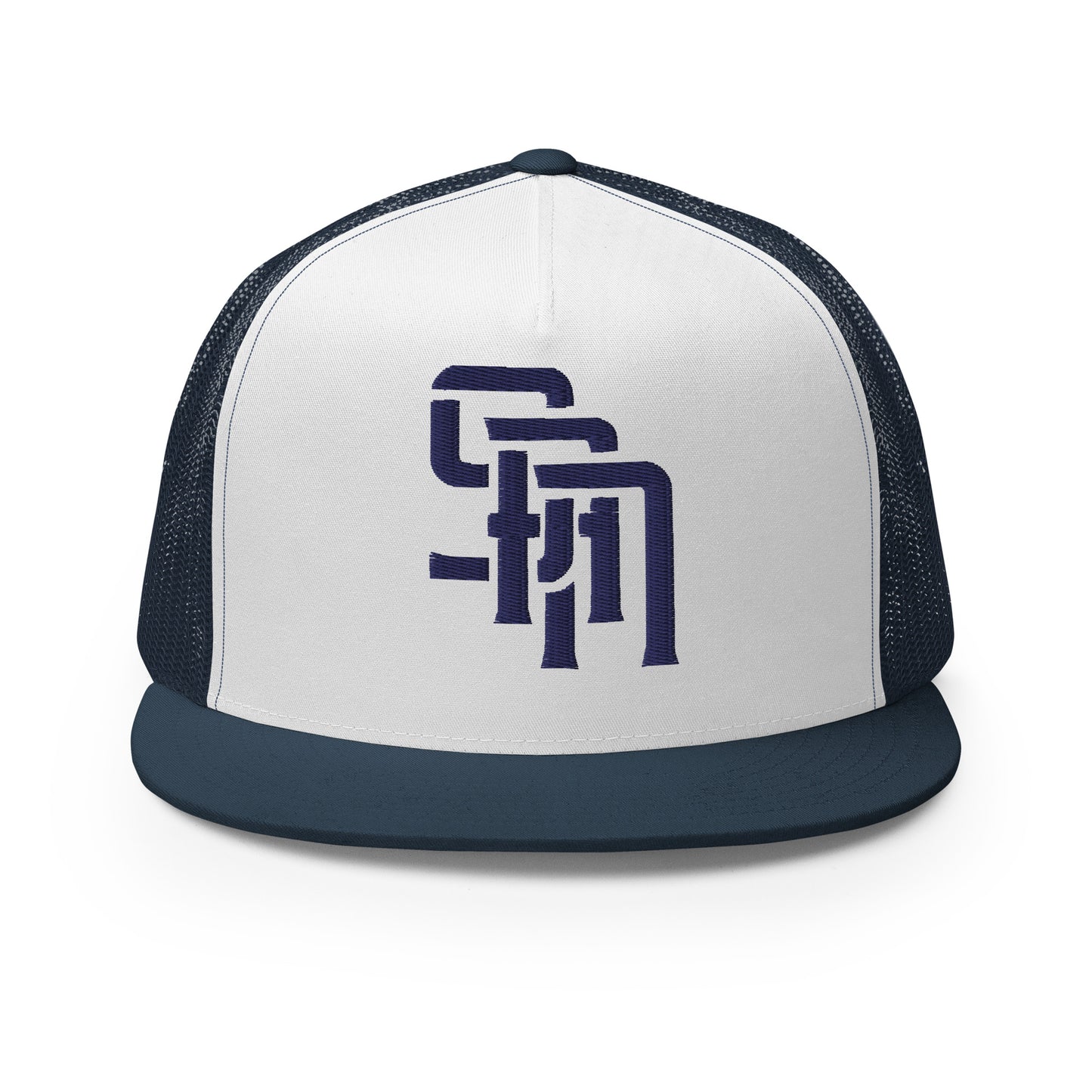 "SAN" Five Panel Trucker Cap | Yupoong 6006 | E Luna Brand CLASSIC Solocrest 1 Navy Thread Front Logo