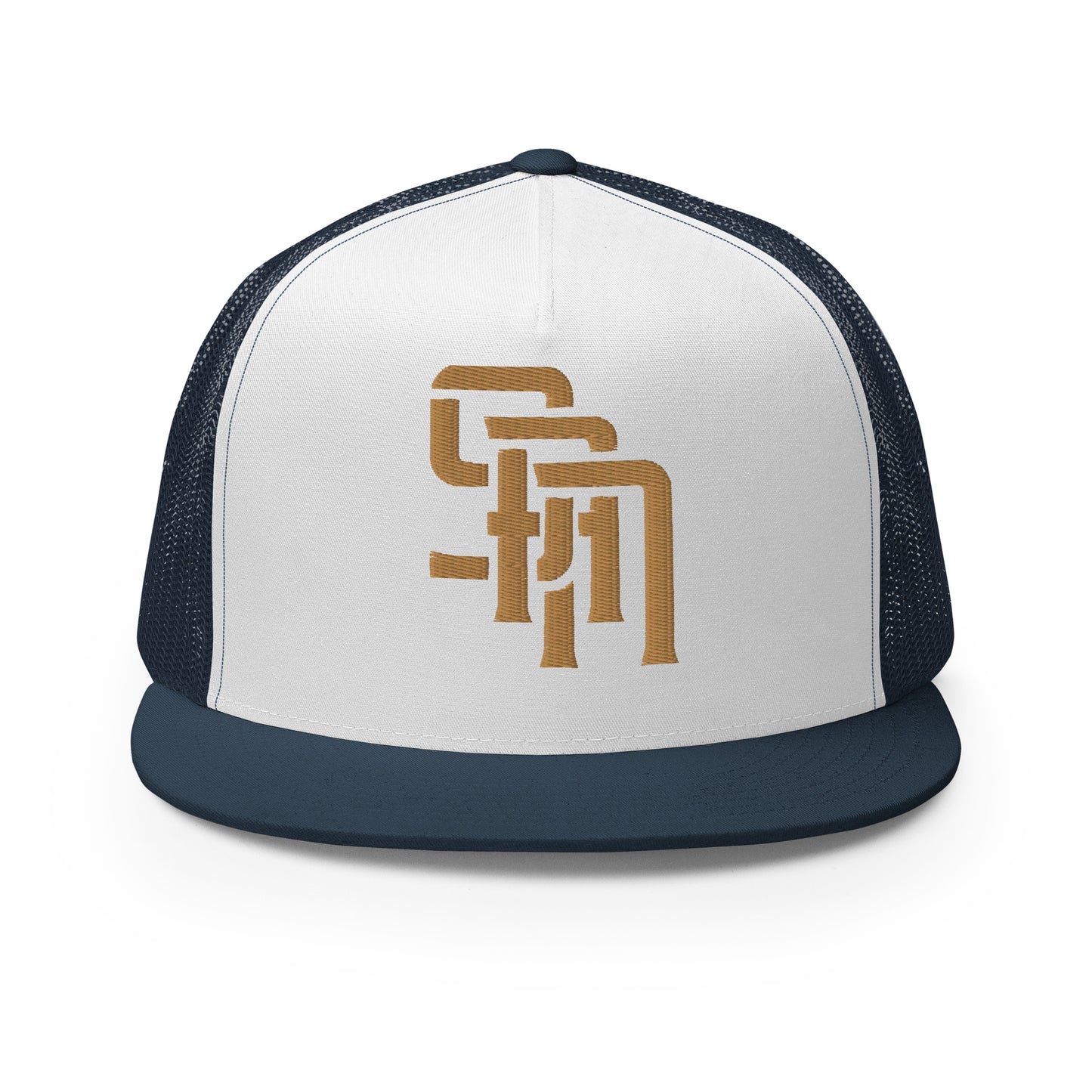 "SAN" Five Panel Trucker Cap | Yupoong 6006 | E Luna Brand CLASSIC Solocrest 1 Old Gold Thread Front Logo