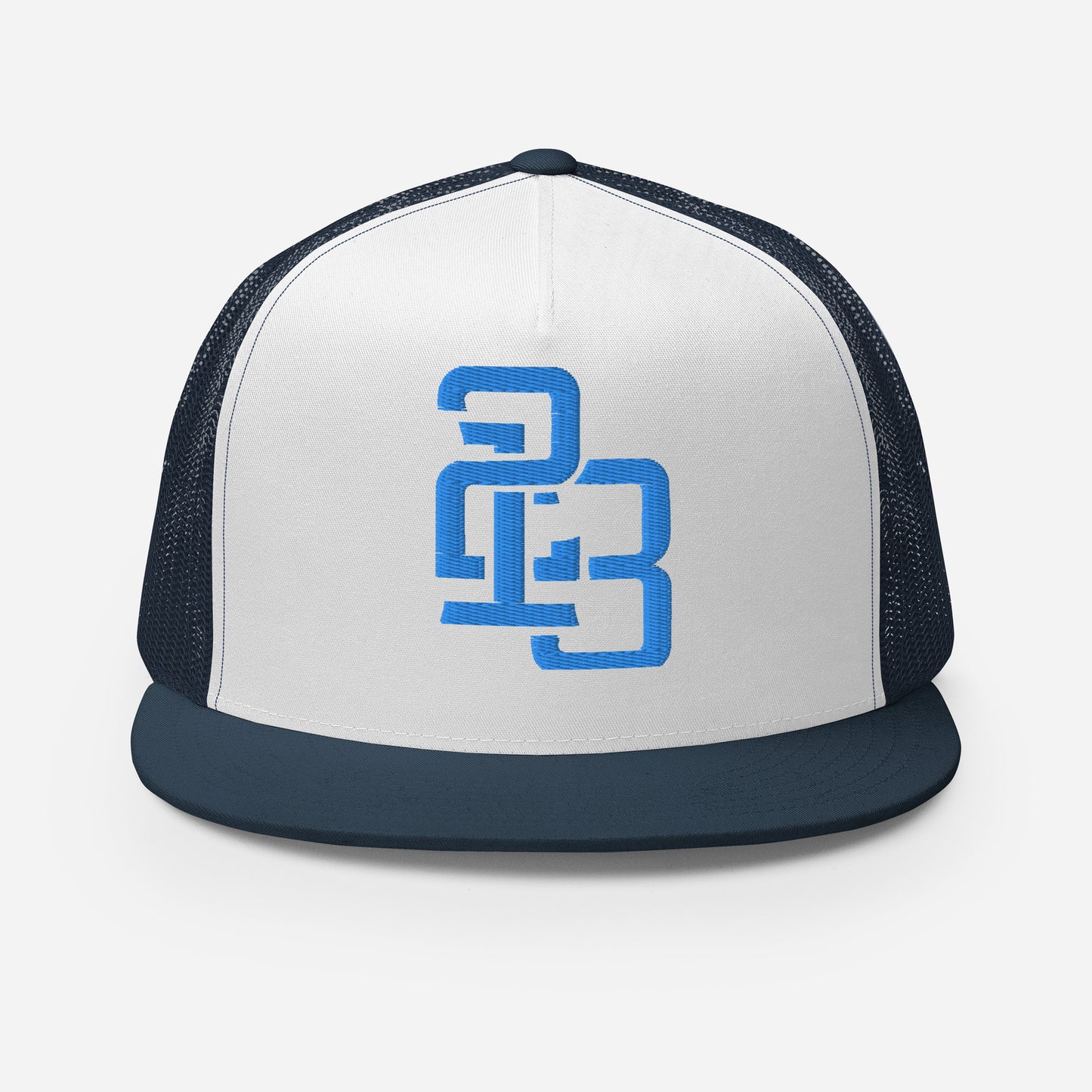 "213" Five Panel Trucker Cap | Yupoong 6006 | E Luna CLASSIC Solocrest 1 Aqua/Teal Thread Front Logo
