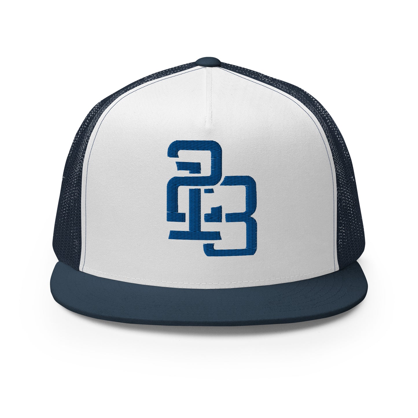 "213" Five Panel Trucker Cap | Yupoong 6006 | E Luna CLASSIC Solocrest 1 Royal Thread Front Logo
