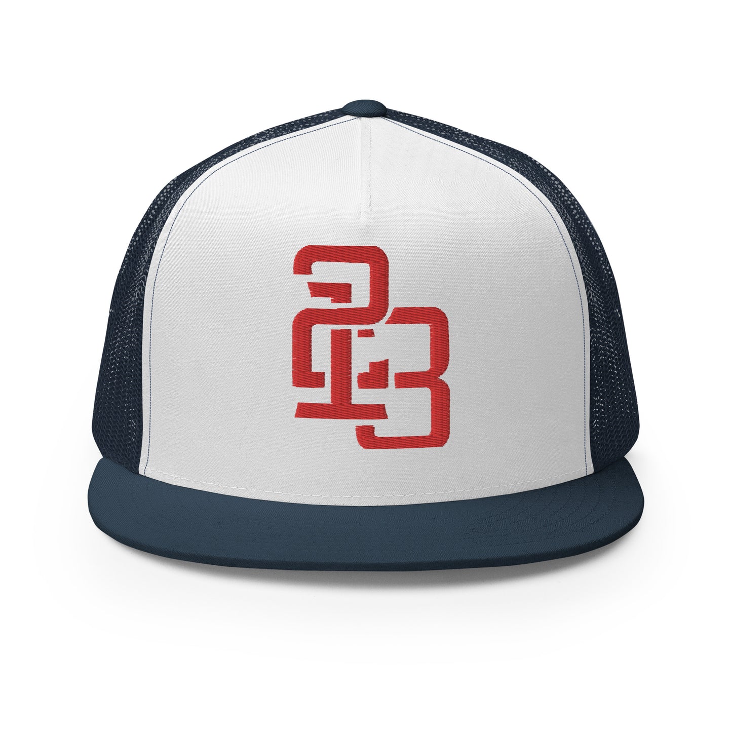 "213" Five Panel Trucker Cap | Yupoong 6006 | E Luna CLASSIC Solocrest 1 RedThread Front Logo