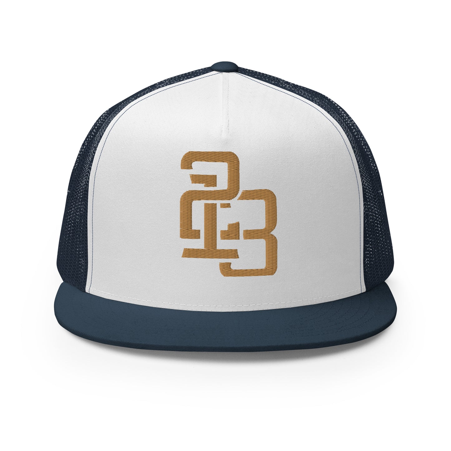 "213" Five Panel Trucker Cap | Yupoong 6006 | E Luna CLASSIC Solocrest 1 Old Gold Thread Front Logo