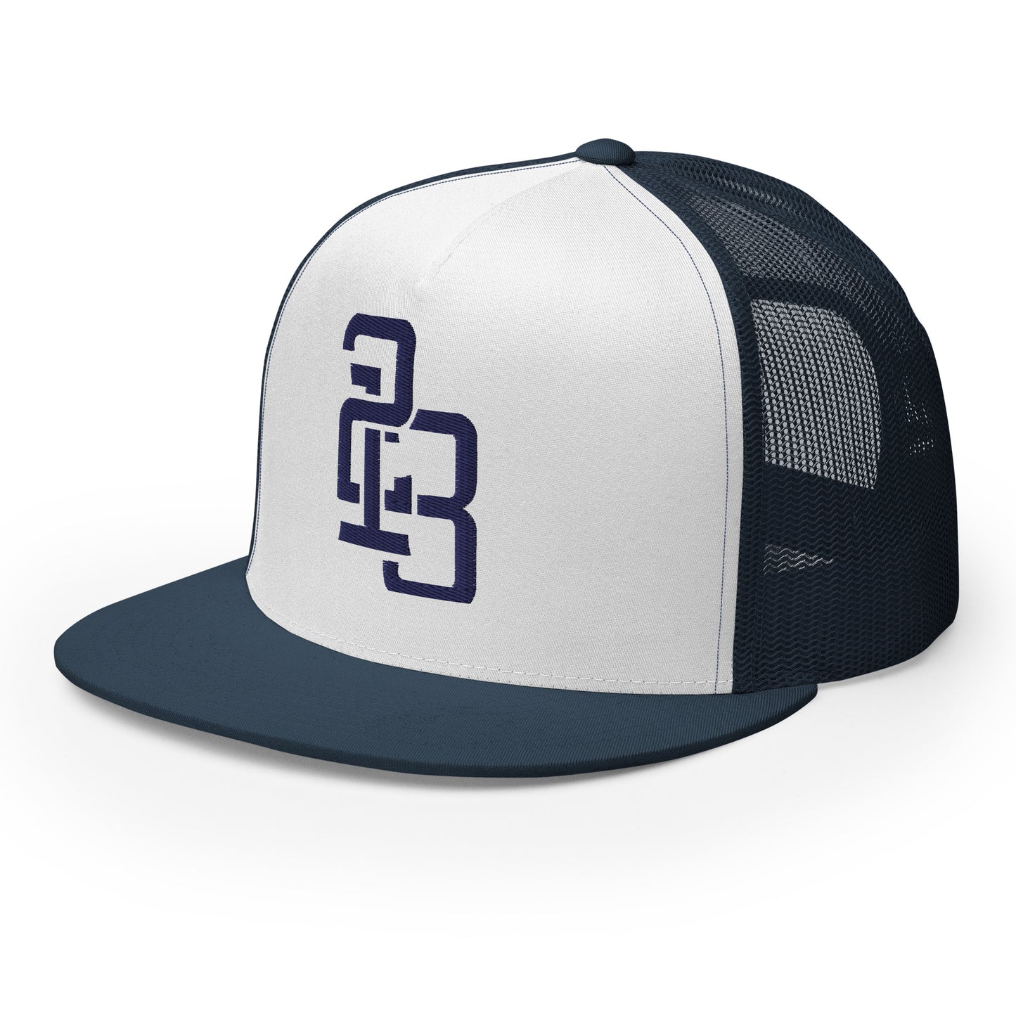 "213" Five Panel Trucker Cap | Yupoong 6006 | E Luna CLASSIC Solocrest 1 Navy Thread Front Logo