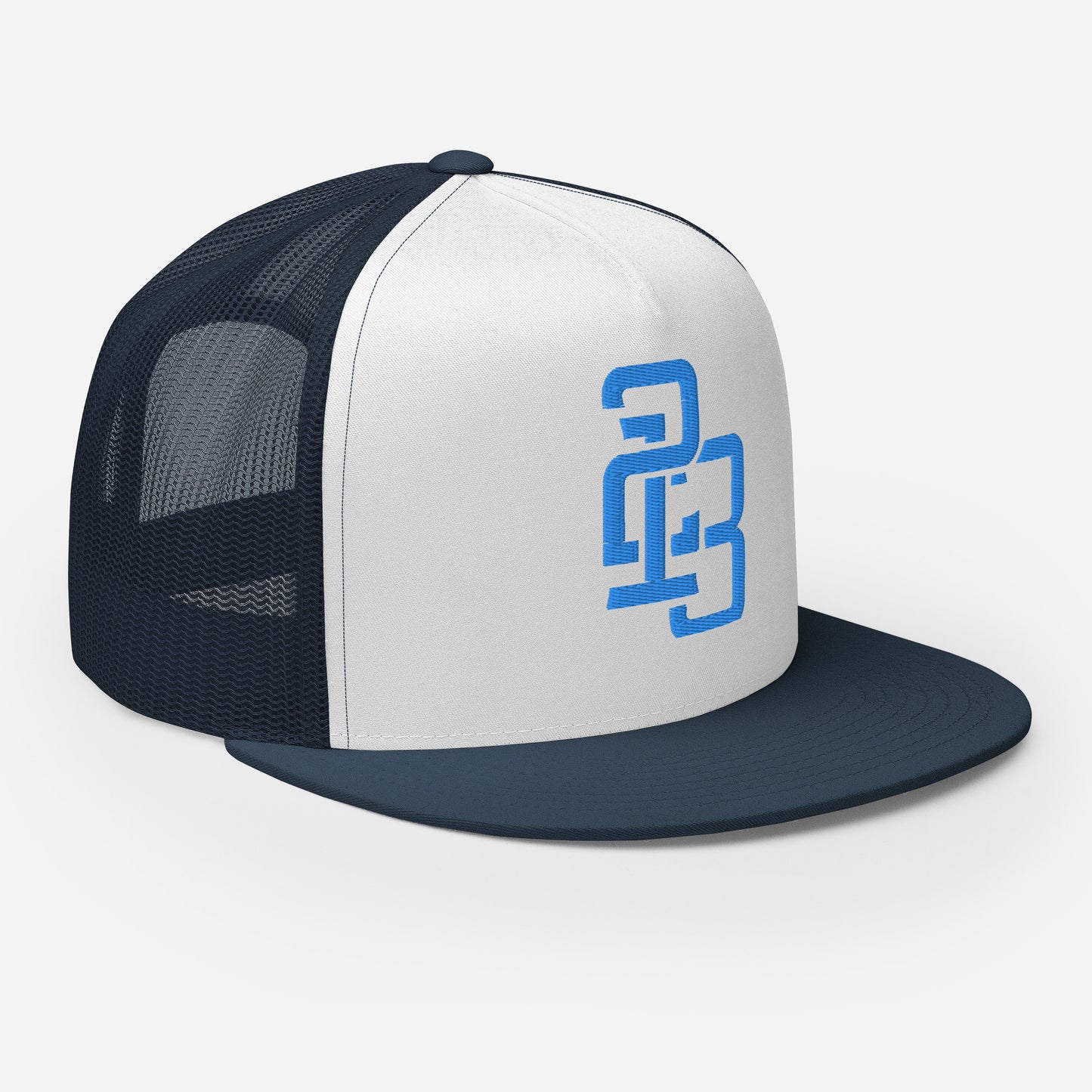 "213" Five Panel Trucker Cap | Yupoong 6006 | E Luna CLASSIC Solocrest 1 Aqua/Teal Thread Front Logo