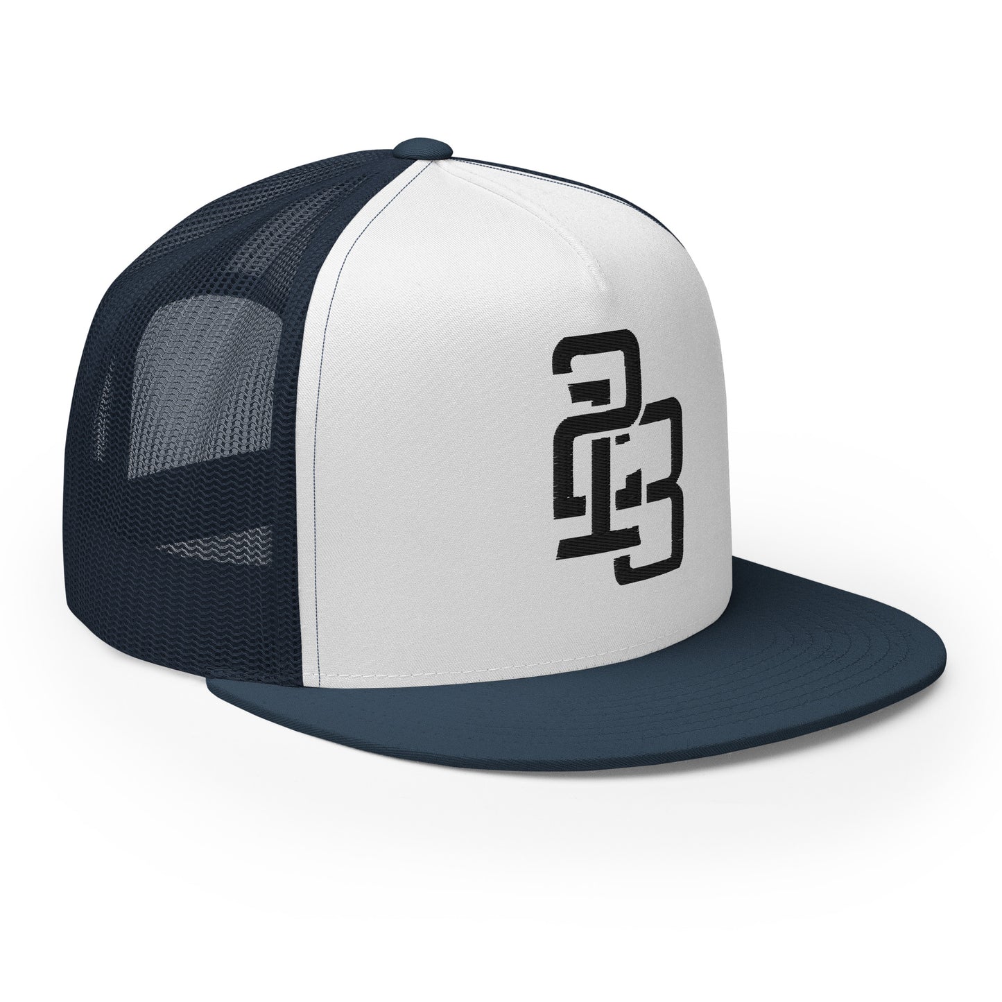 "213" Five Panel Trucker Cap | Yupoong 6006 | E Luna CLASSIC Solocrest 1 Black Thread Front Logo