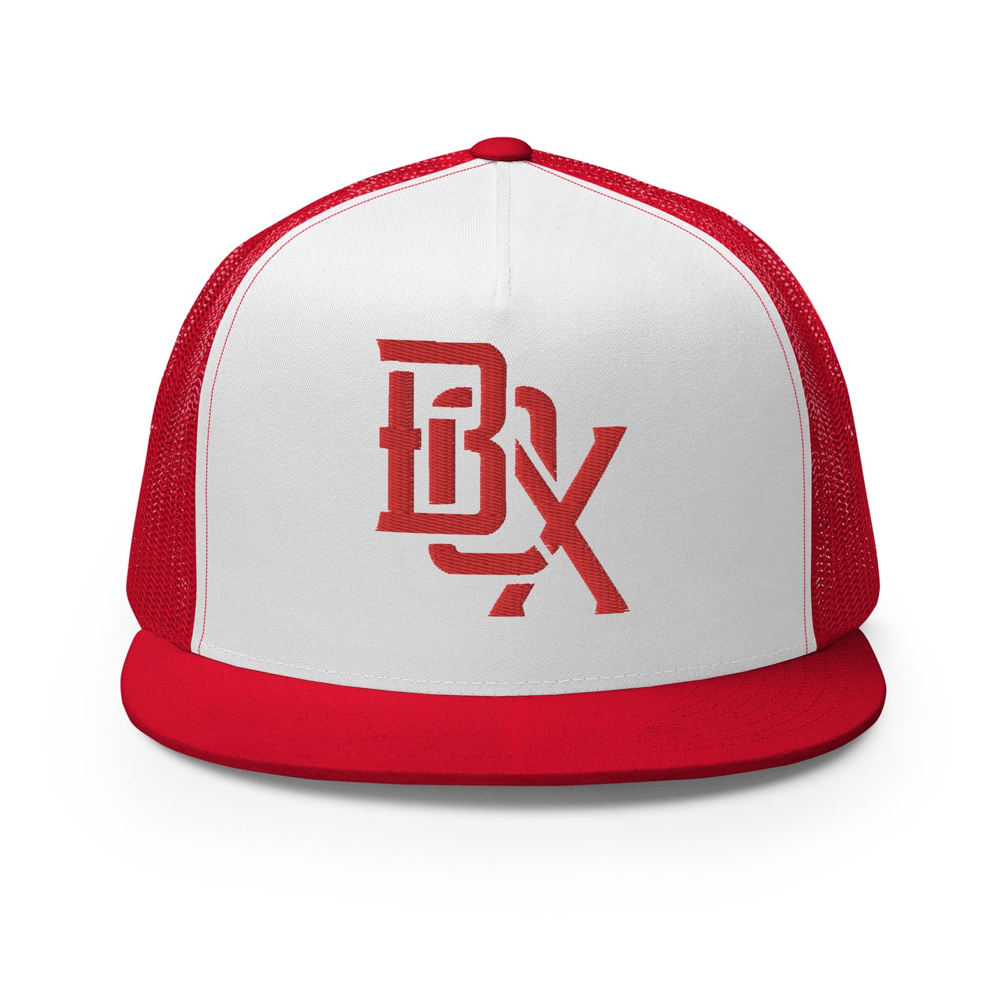 "BOX" Five Panel Trucker Cap | Yupoong 6006 | E Luna CLASSIC Solocrest 1 Red Thread Front Logo