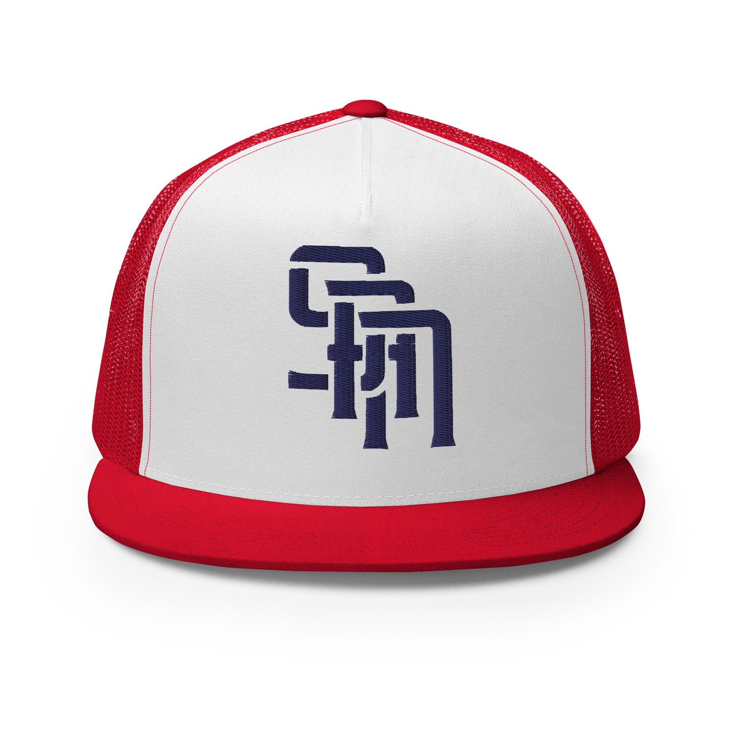 "SAN" Five Panel Trucker Cap | Yupoong 6006 | E Luna Brand CLASSIC Solocrest 1 Navy Thread Front Logo
