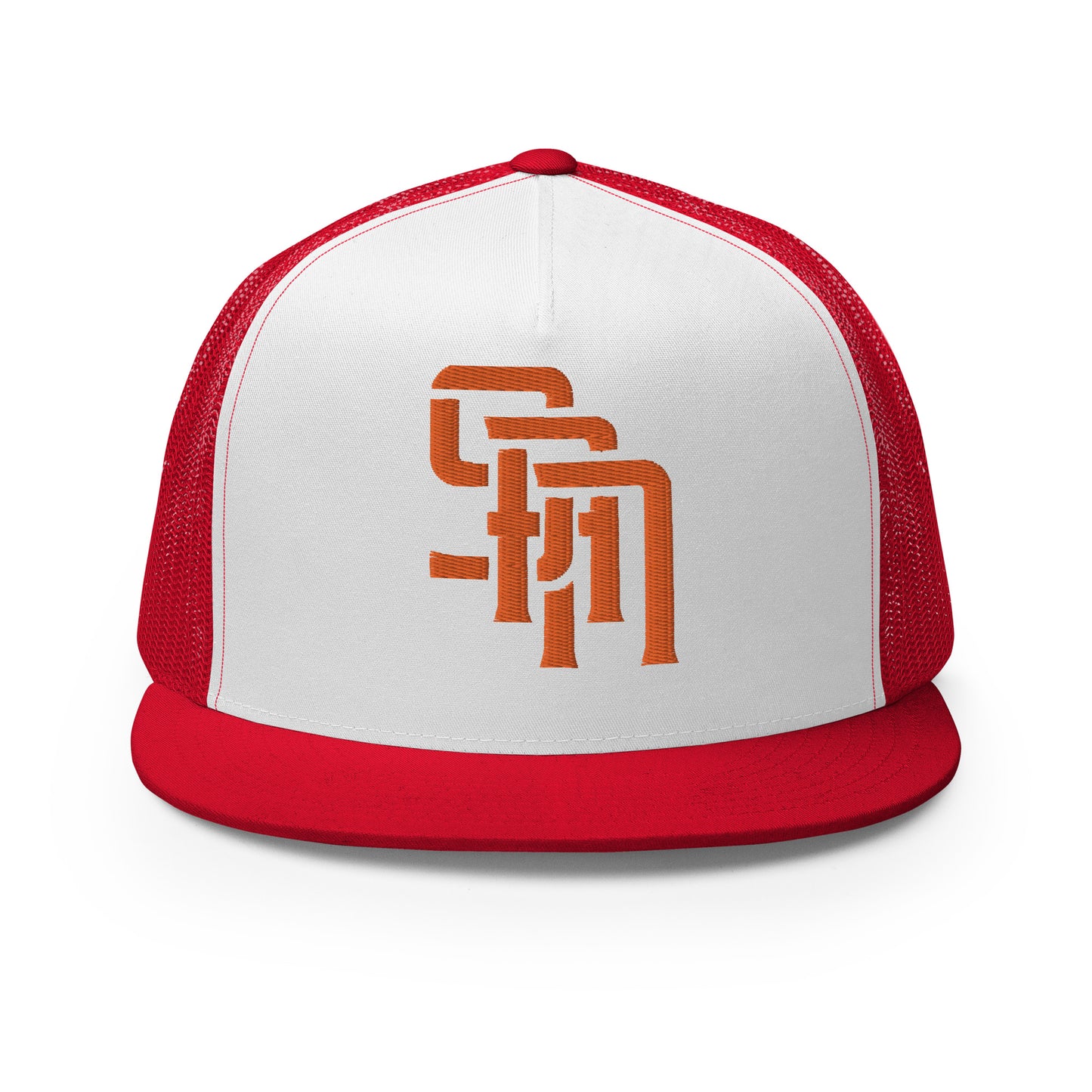 "SAN" Five Panel Trucker Cap | Yupoong 6006 | E Luna Brand CLASSIC Solocrest 1 Orange Thread Front Logo