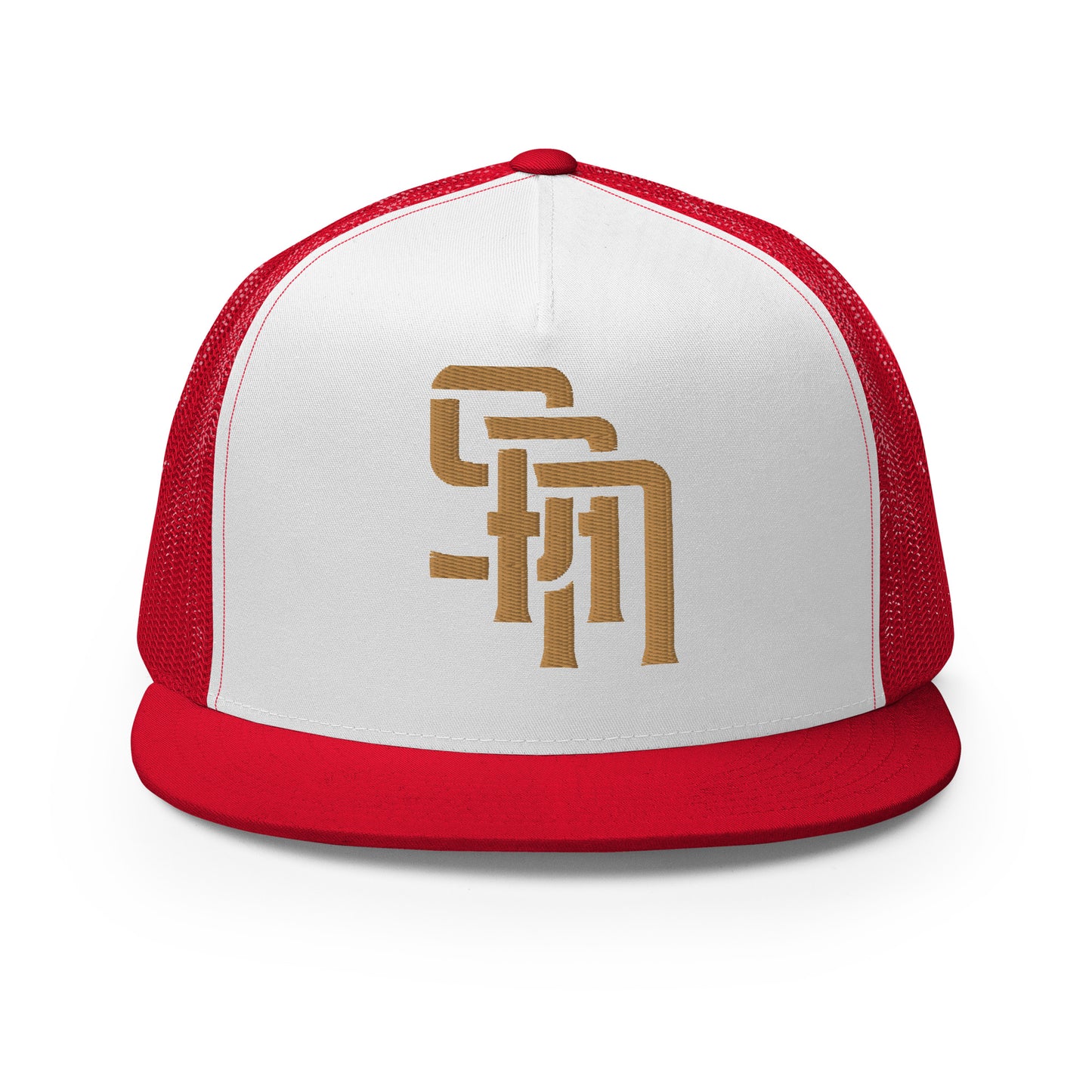 "SAN" Five Panel Trucker Cap | Yupoong 6006 | E Luna Brand CLASSIC Solocrest 1 Old Gold Thread Front Logo