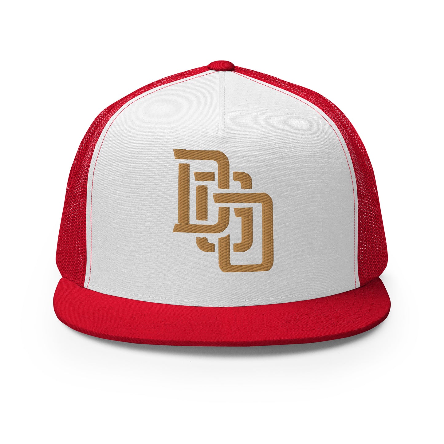 "DGO" Five Panel Trucker Cap | Yupoong 6006 | E Luna CLASSIC Solocrest 1 Old Gold Thread Logo