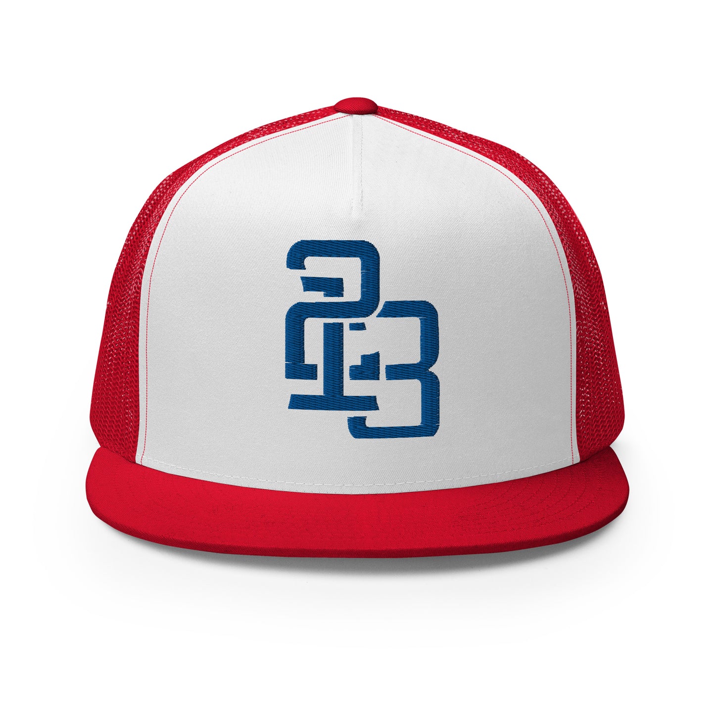 "213" Five Panel Trucker Cap | Yupoong 6006 | E Luna CLASSIC Solocrest 1 Royal Thread Front Logo