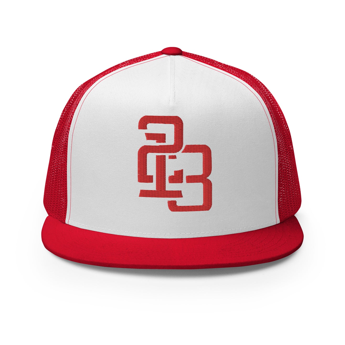 "213" Five Panel Trucker Cap | Yupoong 6006 | E Luna CLASSIC Solocrest 1 RedThread Front Logo