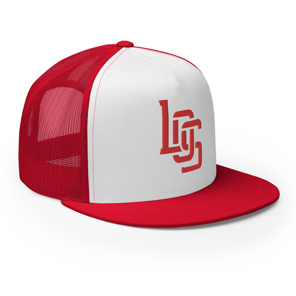 Boné Trucker "LOS" Five Panel | Yupoong 6006 | E Luna CLASSIC 1 Logo Frontal Fio Vermelho