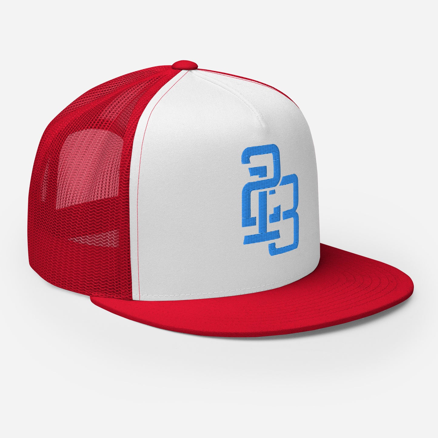"213" Five Panel Trucker Cap | Yupoong 6006 | E Luna CLASSIC Solocrest 1 Aqua/Teal Thread Front Logo