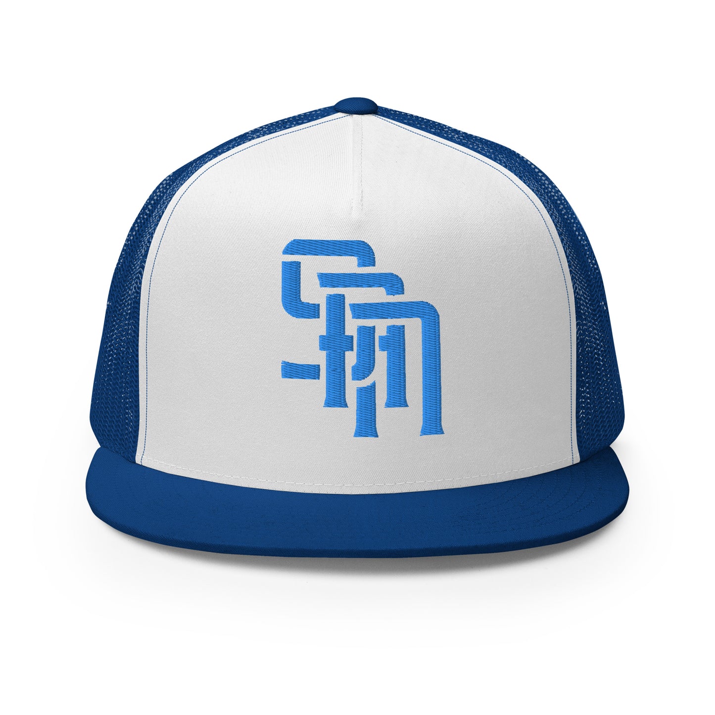 "SAN" Five Panel Trucker Cap | Yupoong 6006 | E Luna Brand CLASSIC Solocrest 1 Aqua/Teal Thread Front Logo
