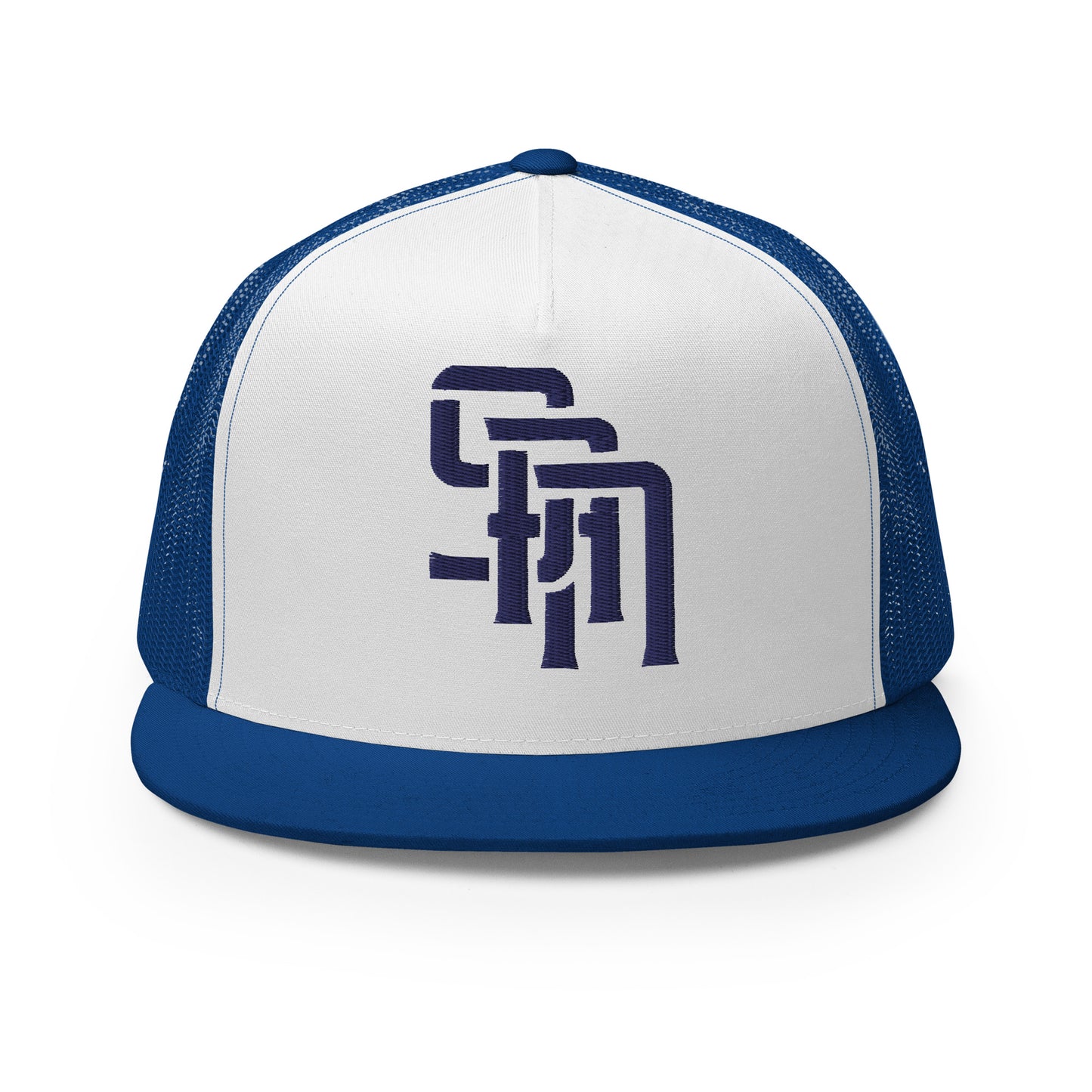 "SAN" Five Panel Trucker Cap | Yupoong 6006 | E Luna Brand CLASSIC Solocrest 1 Navy Thread Front Logo