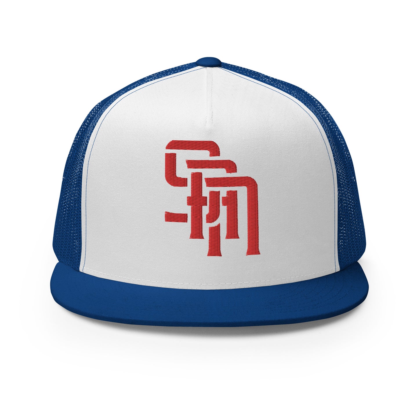 "SAN" Five Panel Trucker Cap | Yupoong 6006 | E Luna Brand CLASSIC Solocrest 1 Red Thread Front Logo