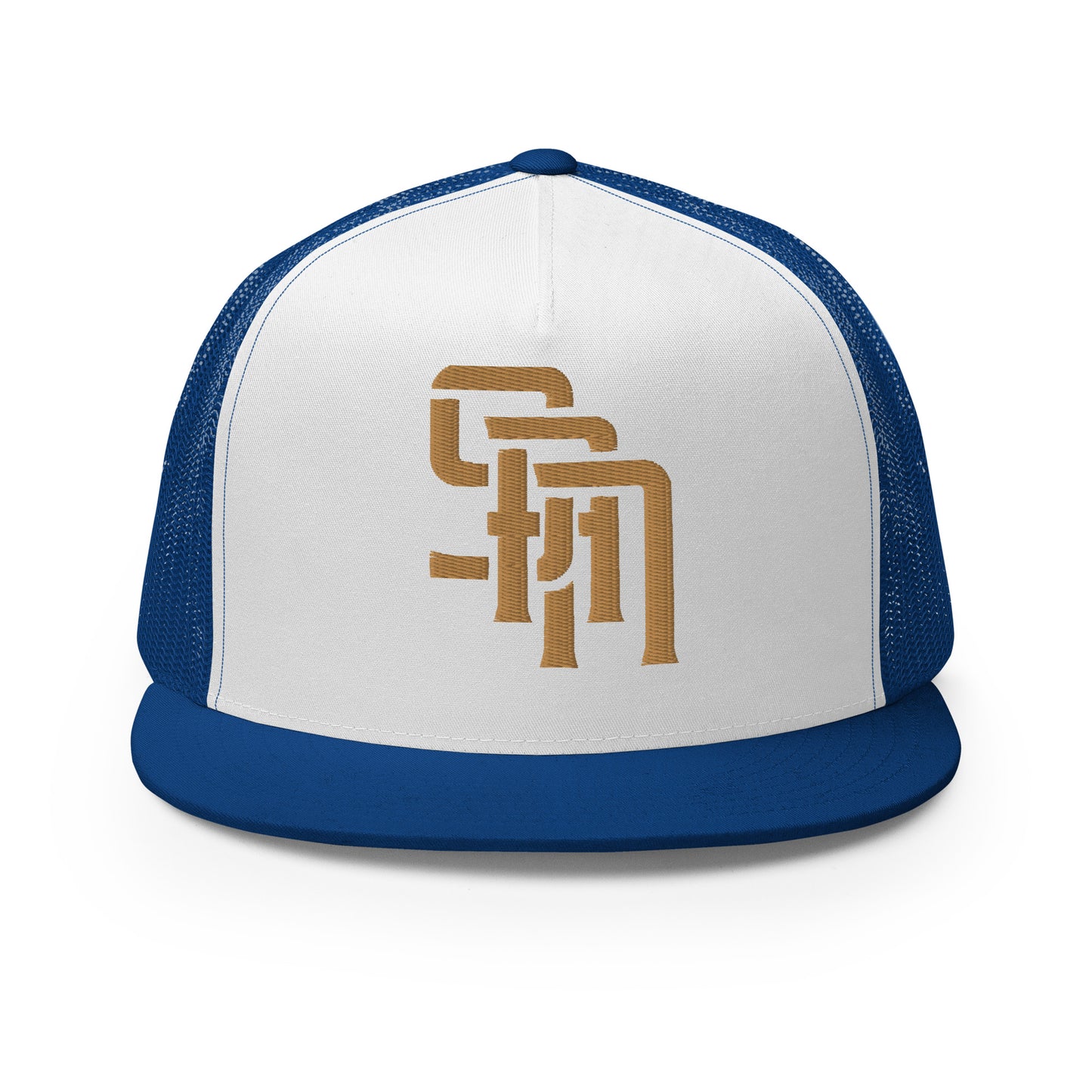 "SAN" Five Panel Trucker Cap | Yupoong 6006 | E Luna Brand CLASSIC Solocrest 1 Old Gold Thread Front Logo