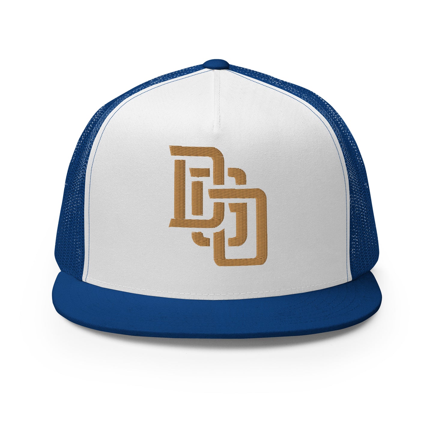 "DGO" Five Panel Trucker Cap | Yupoong 6006 | E Luna CLASSIC Solocrest 1 Old Gold Thread Logo