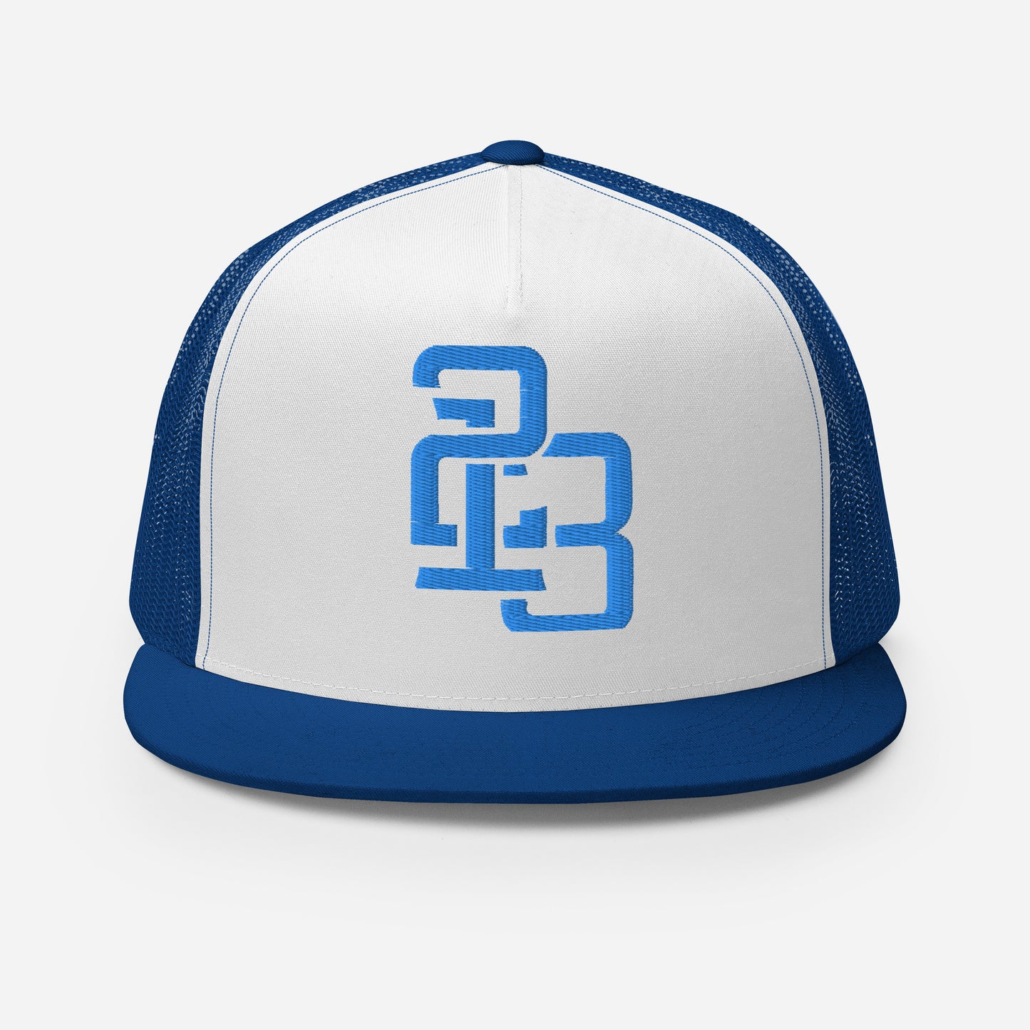 "213" Five Panel Trucker Cap | Yupoong 6006 | E Luna CLASSIC Solocrest 1 Aqua/Teal Thread Front Logo